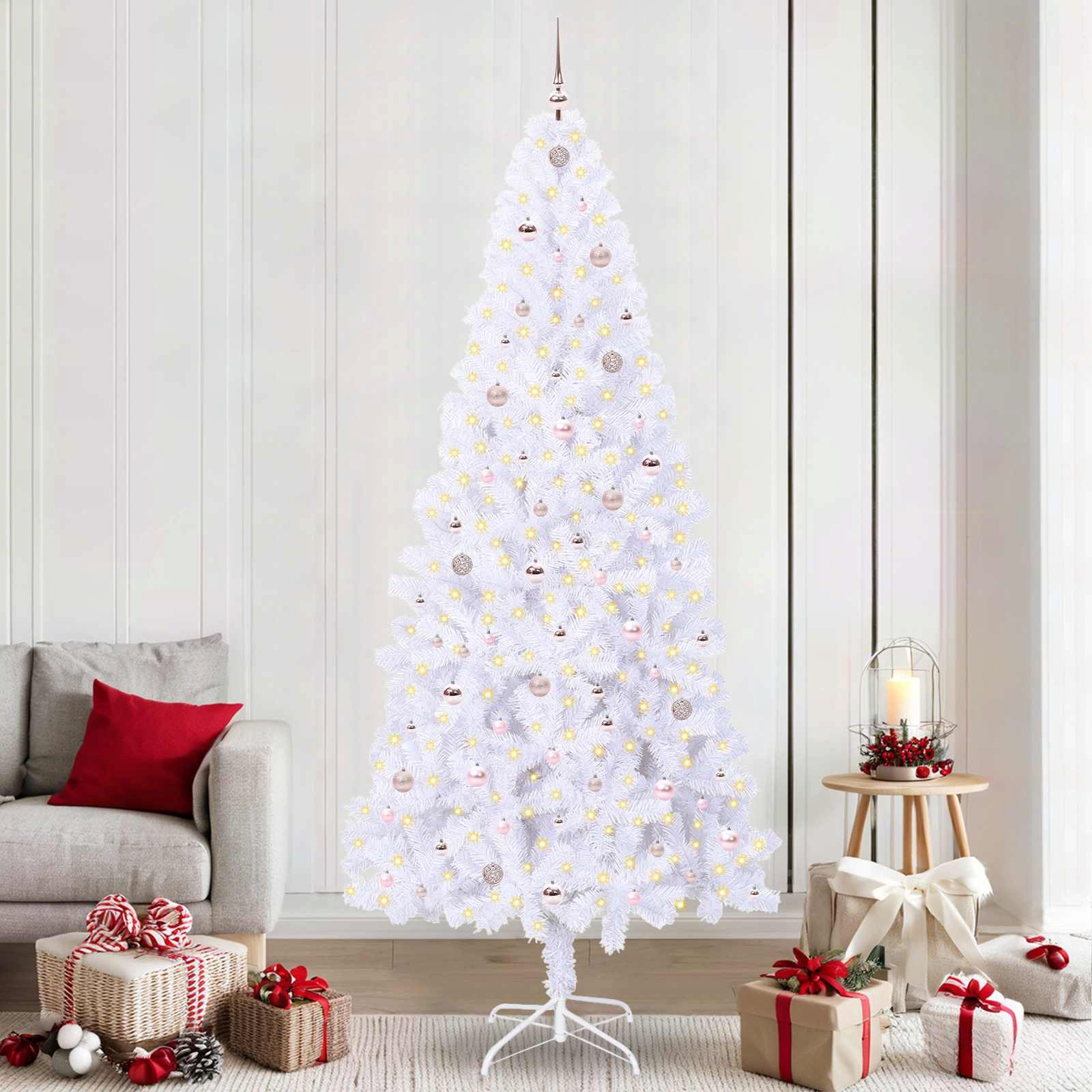 furnicato Künstlicher Weihnachtsbaum Weiß 240 cm mit LED-Beleuchtung, Rosa Tannenbaum mit 300 LEDs, 8 Blinkmodi und USB-Stromversorgung