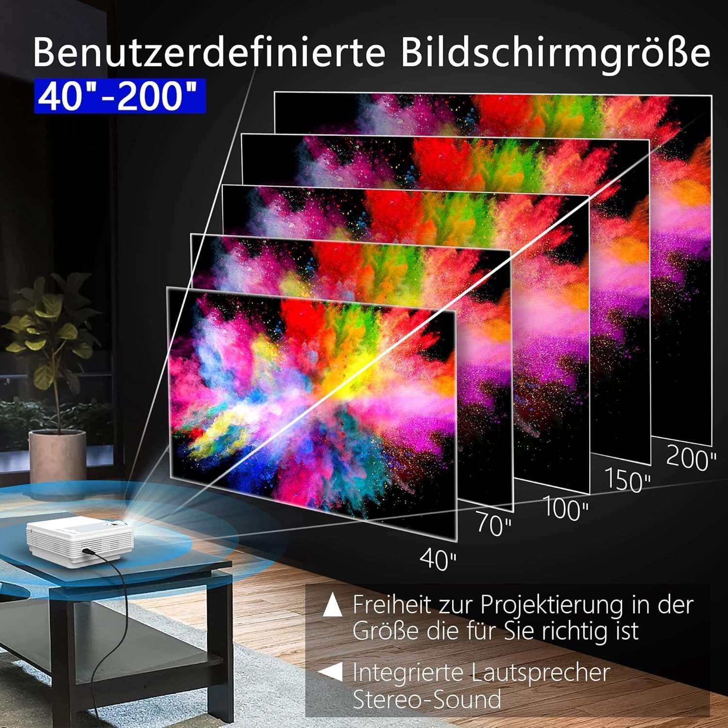 Vivitar 12000 Lumen Full HD 1080P Mini-Projektor mit 4K-Unterstützung, 5G WiFi Portabler Projektor (4K px, Bluetooth 5.1, zwei Stereolautsprechern und 300-Zoll-Display)