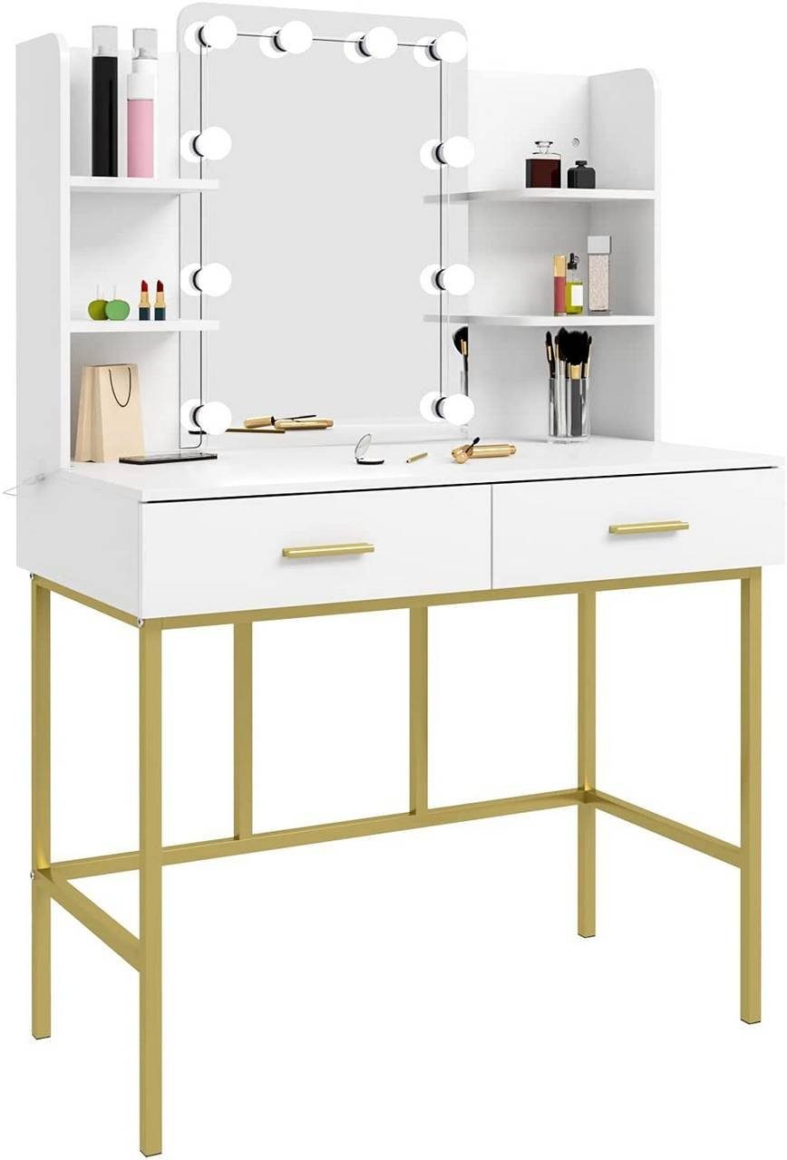 Woltu Schminktisch (1-St), Melaminplatte und Metall Weiß Gold 45x136x90cm