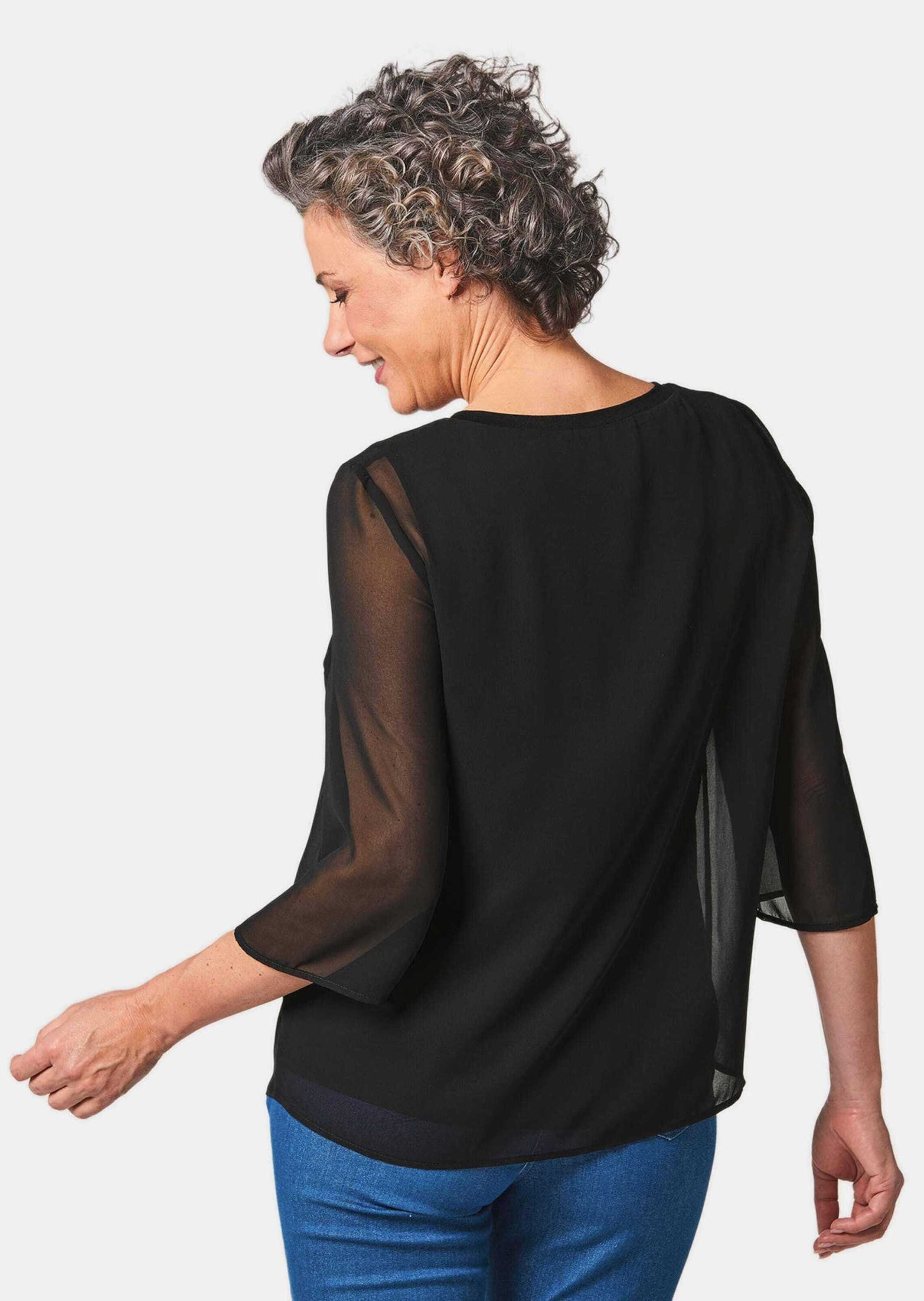 Stilvolles, GOLDNER Blusenshirt gedoppeltes schwarz Kurzgröße: Shirtbluse