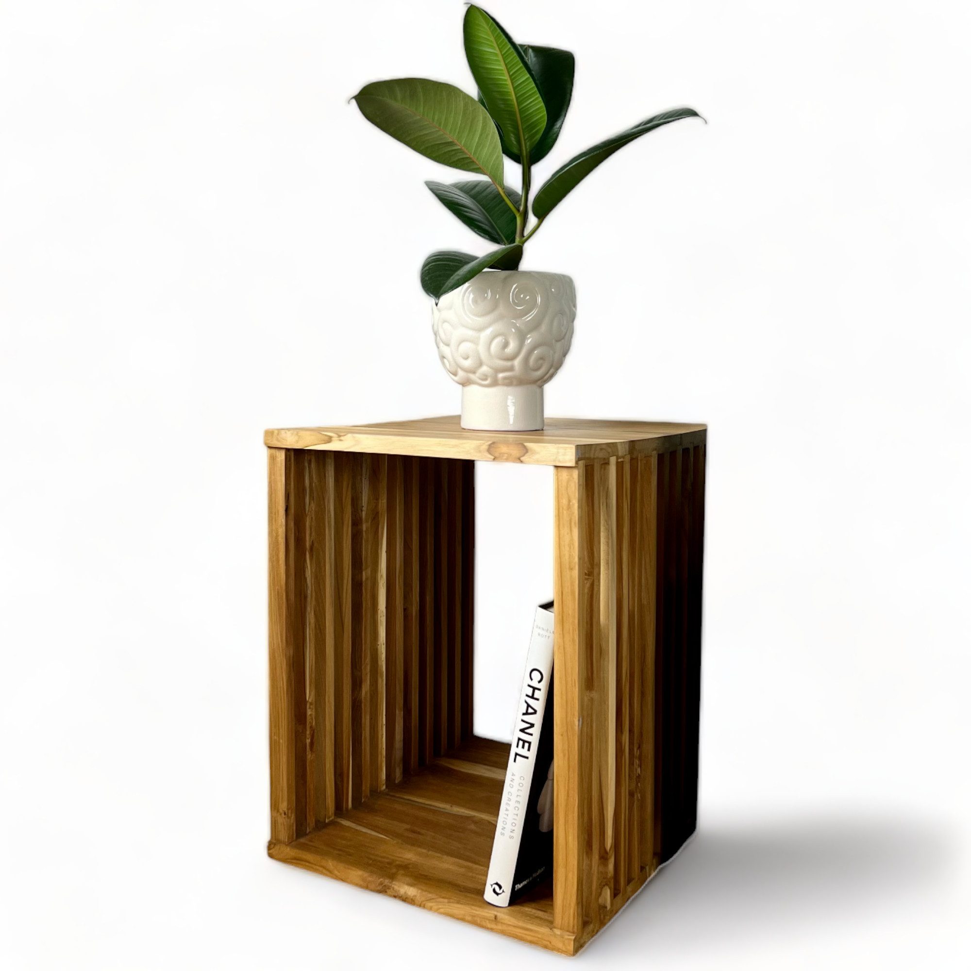 FaHome Beistelltisch Handgefertigt Teakholz - Massivholz - (Holzleisten an den Seiten - Würfel), Natur in Modernem Design - Blumenhocker –