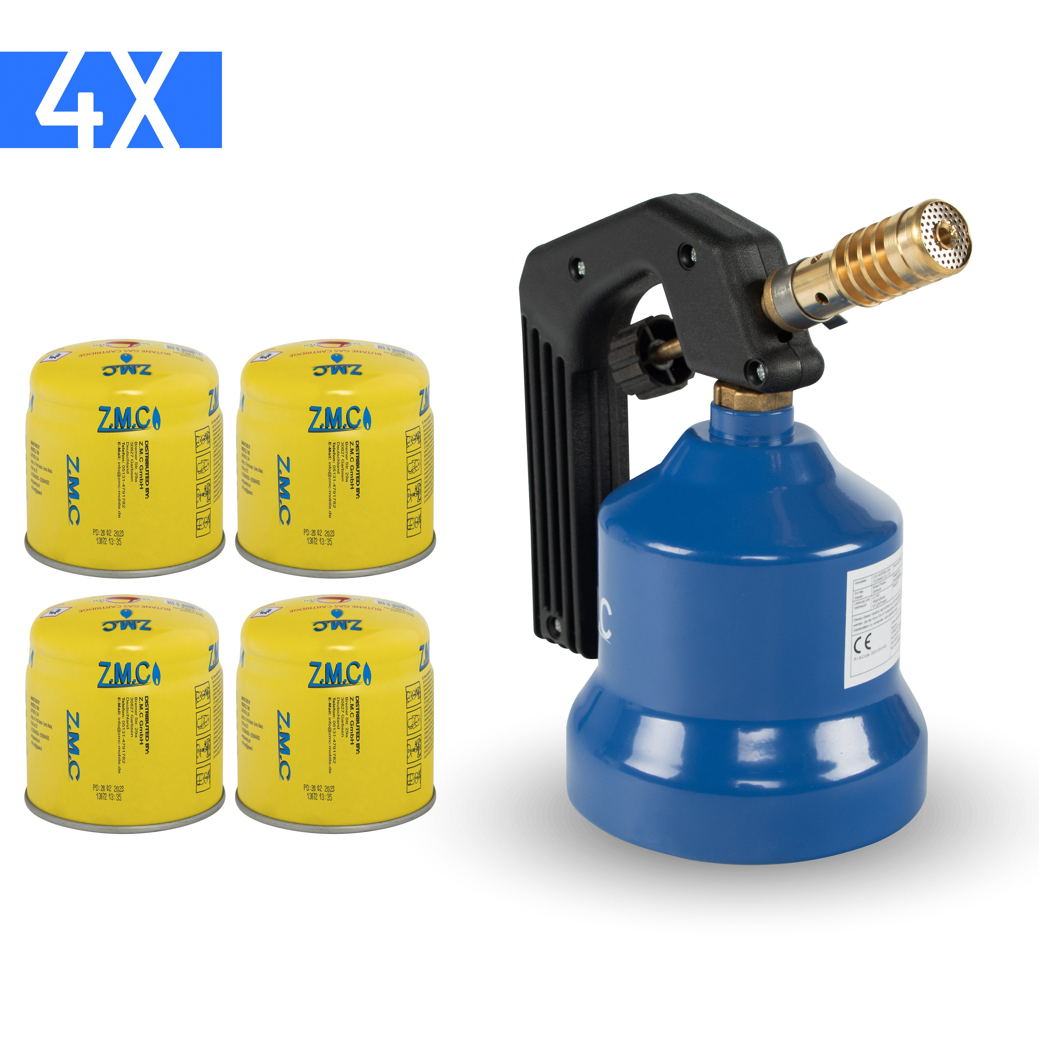 ZMC Flambierbrenner Gasbrenner Grillanzünder Gasanzünder Lötpistole +4 Gaskartuschen 190g, (Lötlampe 2,2 kW Temperatur von bis zu 1200 ° C), Butangas Lötbrenner Kohleanzünder Flammspritzpistole Bunsenbrenner
