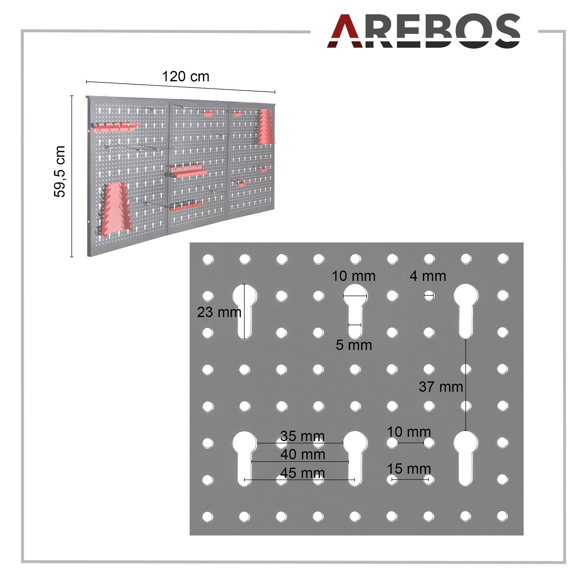 Arebos mit dreiteilig, 17 Werkzeugwand Lochwand 3 Rot/Blau, Stk., (Set) Haken, Hakenset Schwarz/Rot 17-teiliges