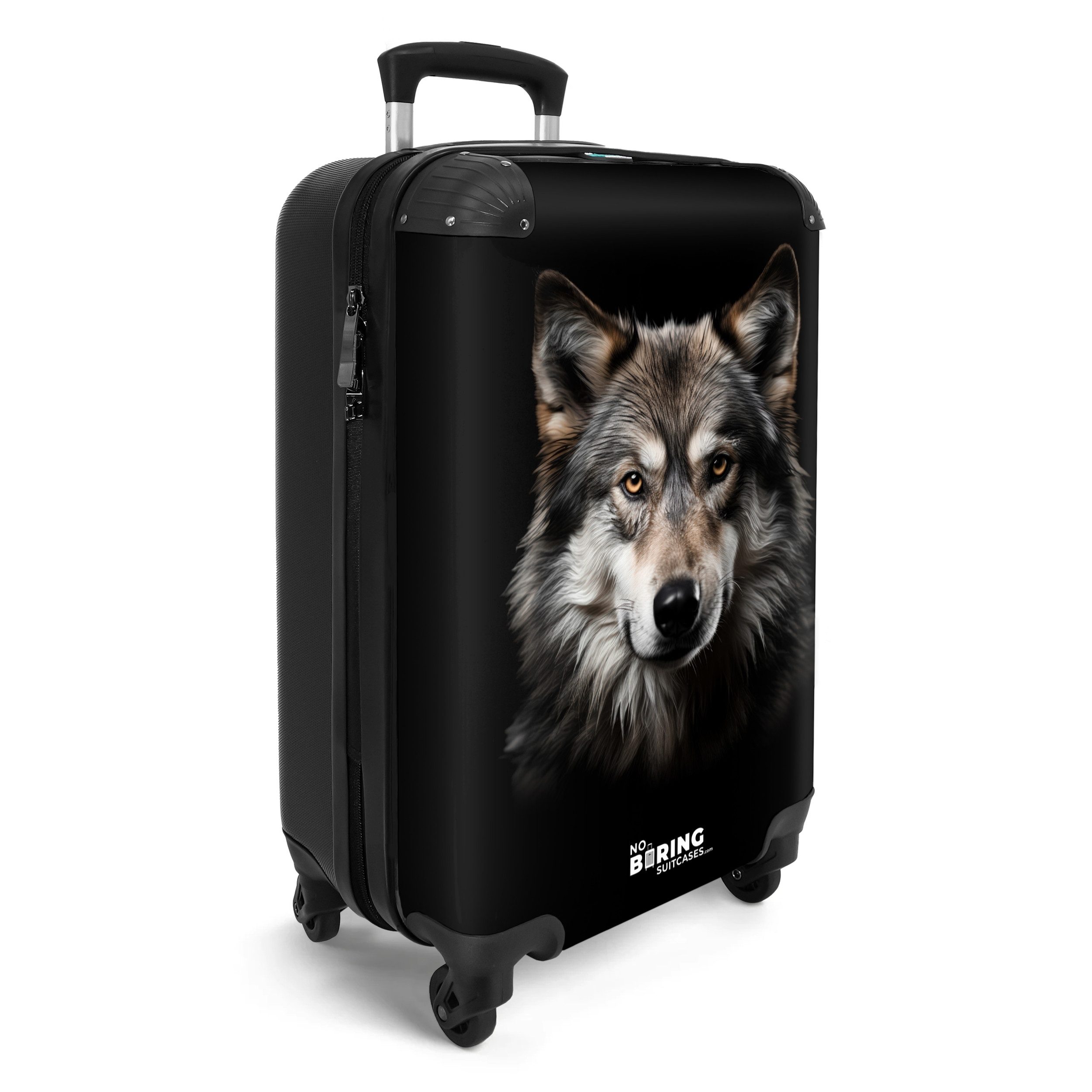 NoBoringSuitcases.com© Hartschalen-Trolley Wolfsporträt vor schwarzem Hinte günstig online kaufen