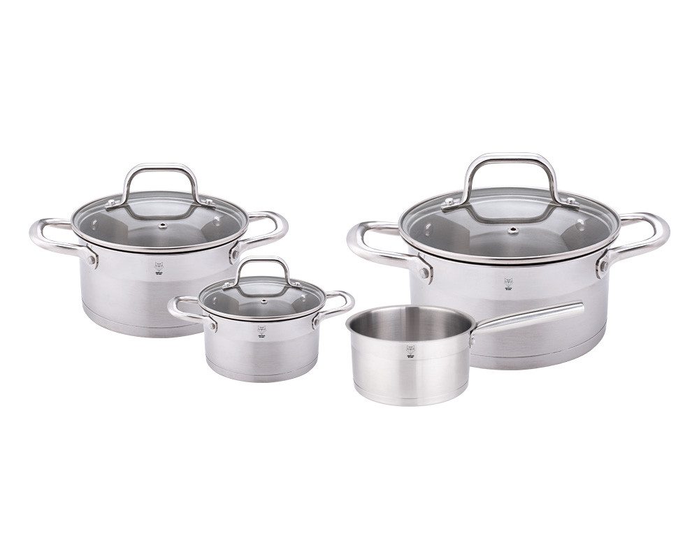 Gustav Voss Topf-Set Kochtopf-Set BARCELONA Kochtopfset Topfset Kochtöpfe, Edelstahl 18/10 (Kochset mit 4 Кастрюлиn und 3 Deckeln, 7-tlg), spülmaschinengeeignet, hitzeresistente Griffe