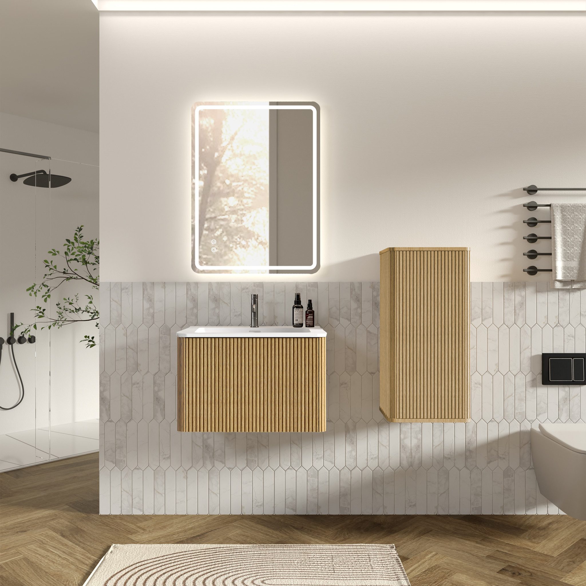i@home Badezimmerspiegelschrank Badmöbel Set mit LED Spiegel und Seitenschrank (Packung Set) Unterschrank mit Waschbecken quadratischer Badspiegel Seitenschrank