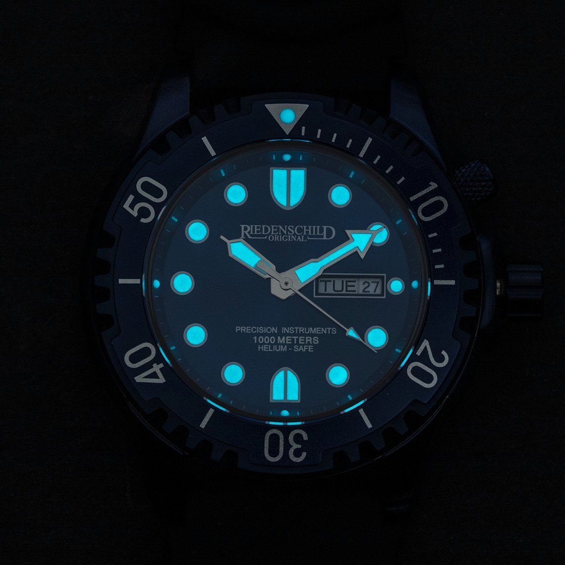 Riedenschild Taucheruhr RS8000-11, Blau, 100 ATM Wasserdicht, 46 mm, Silikon- & Edelstahlband, Heliumventil, Robuste Armbanduhr für Tauchen und Sport