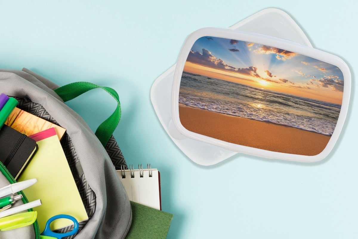 - Brotdose, Kunststoff, weiß Lunchbox MuchoWow und Meer für Jungs Mädchen Brotbox (2-tlg), Sonnenuntergang - Erwachsene, Horizont, - Wolken und für Strand Kinder -