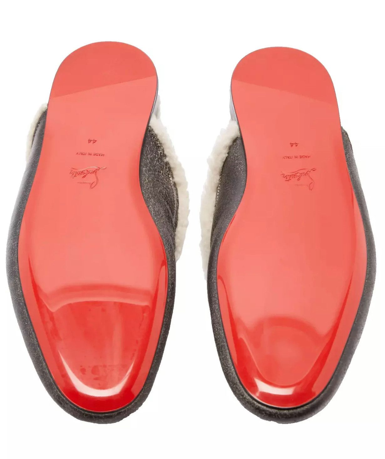 CHRISTIAN LOUBOUTIN Woolito Swing Pantoletten Loafers Schuhe Slipper Luxuriöses Lammfell, Cracked-Effect Nappa, Silberfarbene Metallkette