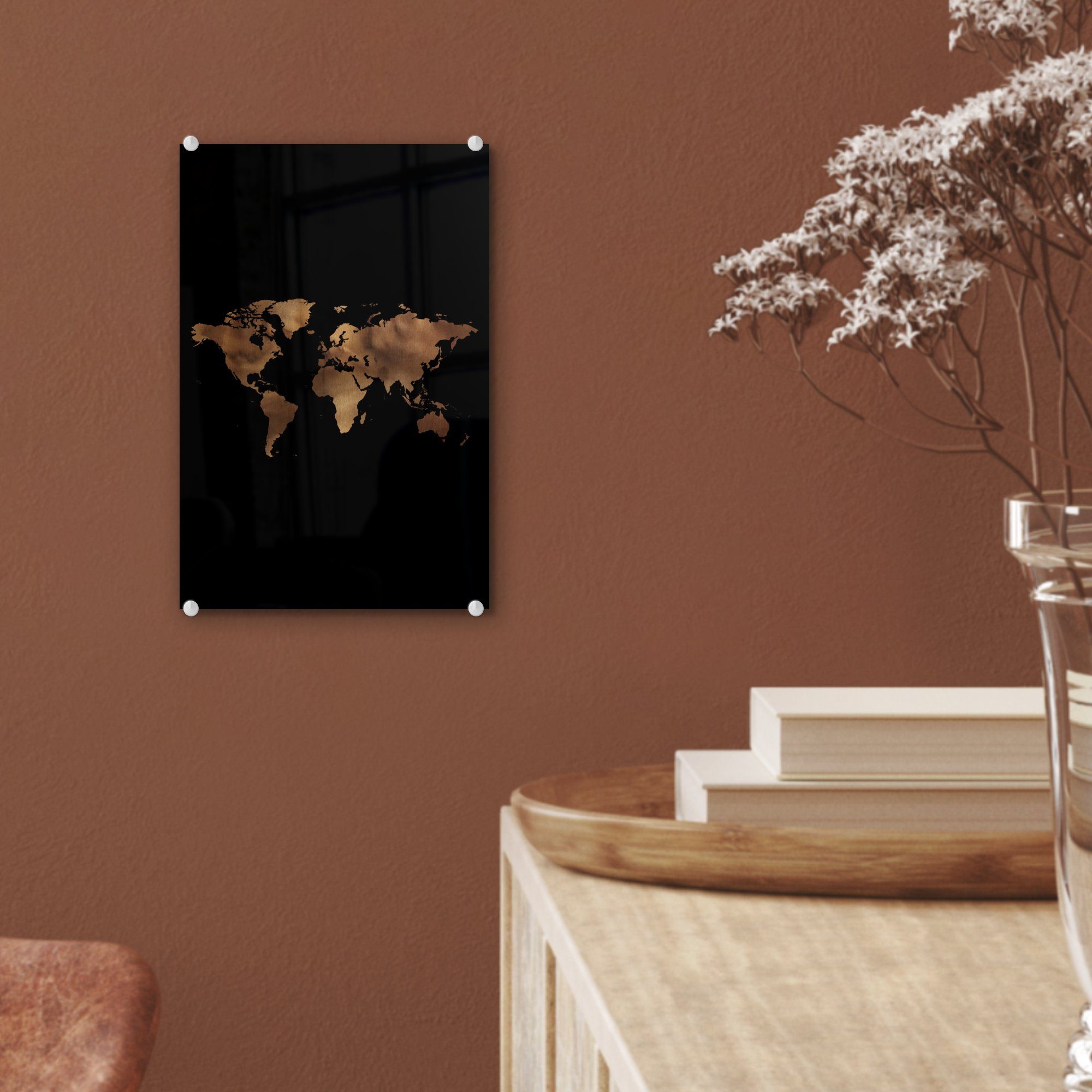 Gold auf Weltkarte Glasbilder Wandbild (1 Acrylglasbild - Glas St), Schwarz, - Bilder Wanddekoration Glas MuchoWow Foto - - - auf