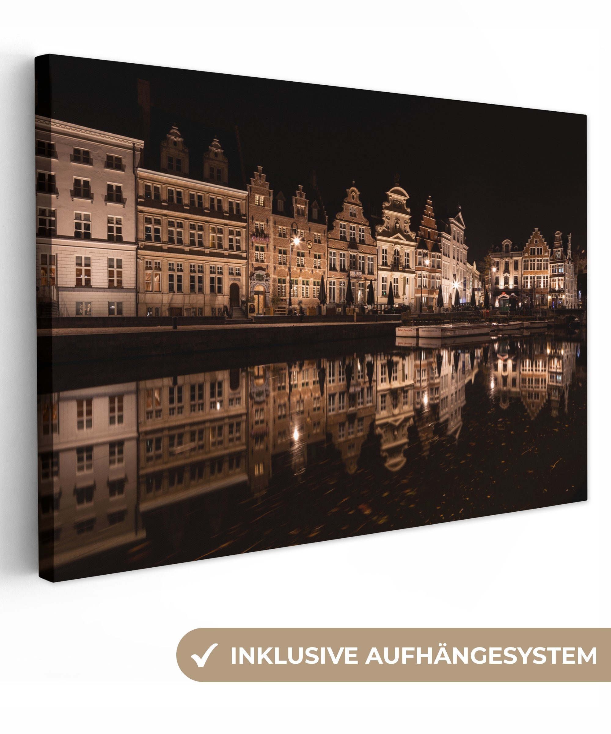 OneMillionCanvasses® Leinwandbild Architektur - Spiegelung - Nacht - Gent, (1 St), Wandbild Leinwandbilder, Aufhängefertig, Wanddeko, 30x20 cm