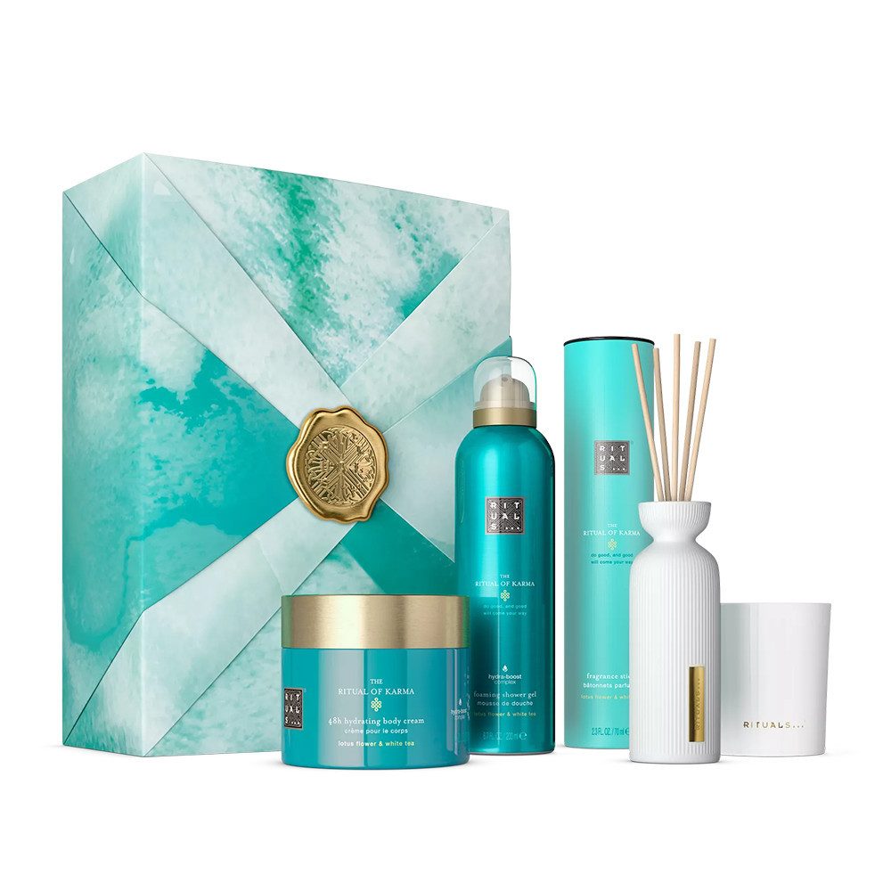 Rituals Pflege-Geschenkset RITUALS The Ritual of Karma Geschenkset L – Duschgel Body Cream Kerze, 4-tlg., Luxuriöses Geschenkset mit Duschschaum, Körpercreme & Raumduft