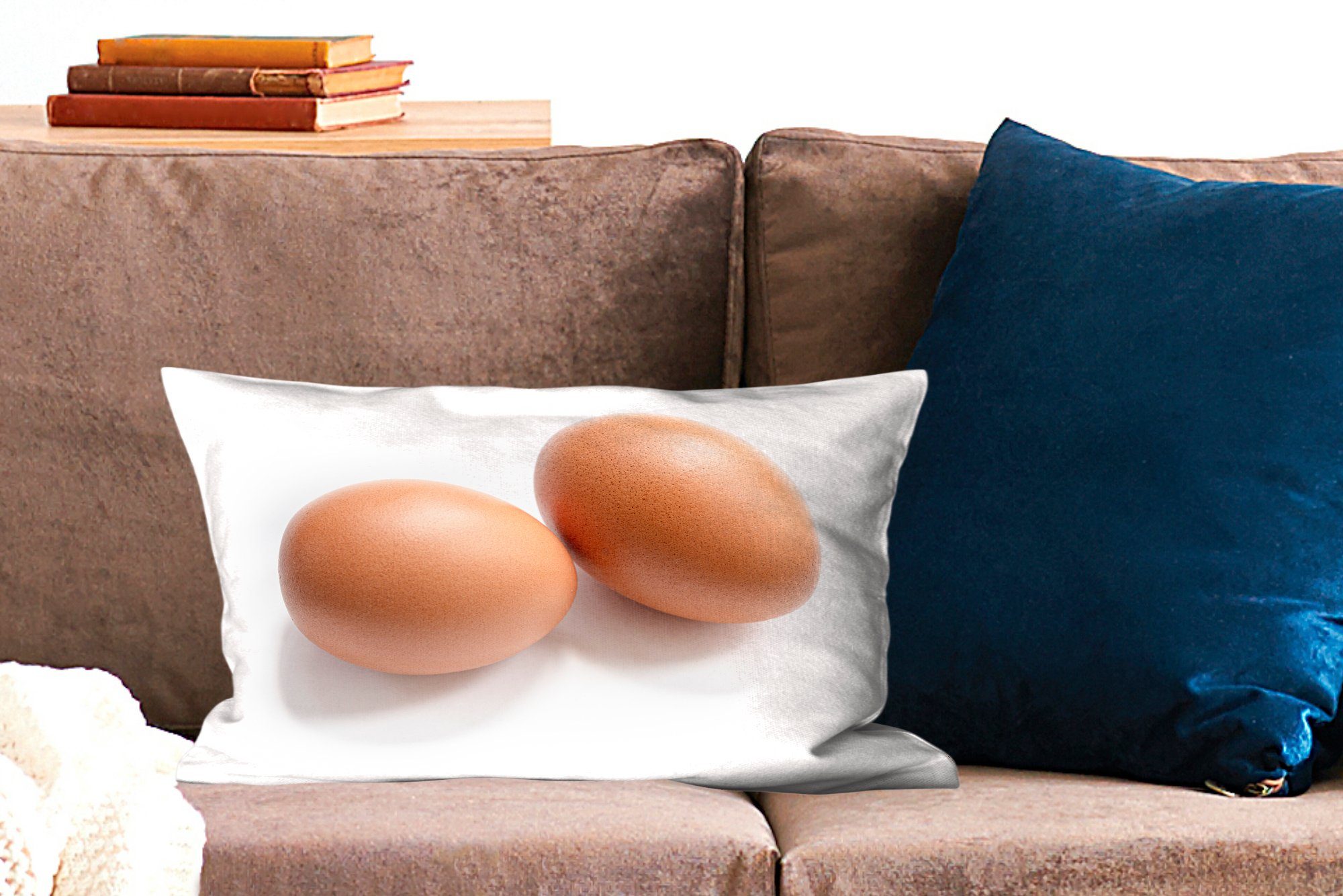 Eier Füllung, auf Rote Dekokissen weißem Zierkissen, MuchoWow Hintergrund, Wohzimmer Dekokissen Schlafzimmer Dekoration, mit
