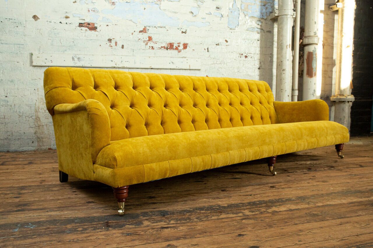 JVmoebel Chesterfield-Sofa Gelbes Leder Sofa mit hochwertiger Polsterung und Holzfüßen, Packung, Made in Europa