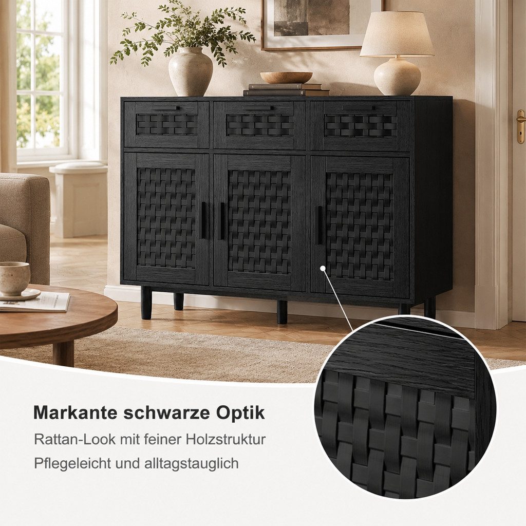 Simurq Sideboard Küchenschrank mit 3 Türen und 3 Schubladen, Buffetschrank (1 St., Stauraumschrank 108x40x80 cm), Kommode, Rattanoptik, moderner Stil – Bild 4 von 5