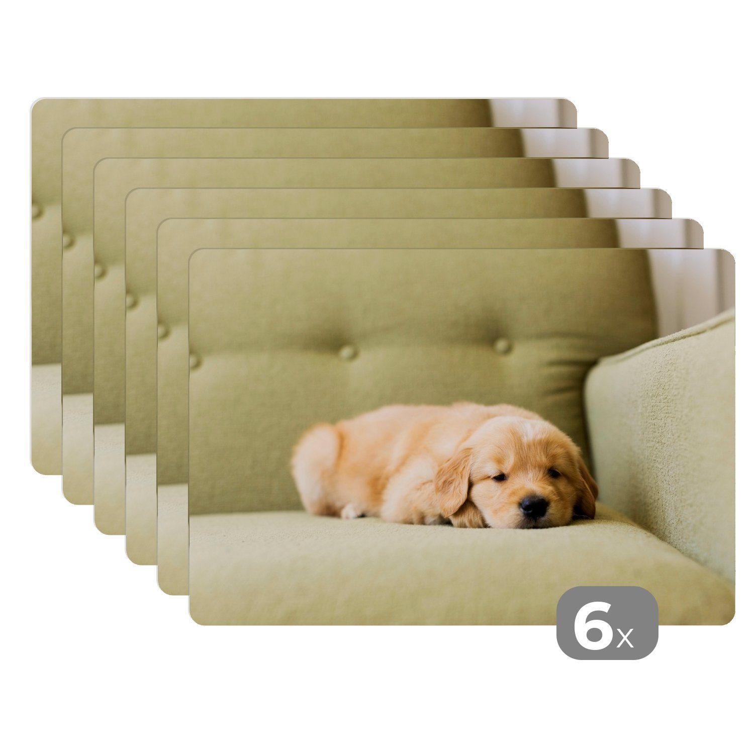 Platzset, Ein schlafender Golden Retriever Welpe auf dem Sofa, MuchoWow, (6-St), Platzset, Platzdecken, Platzmatte, Tischmatten, Schmutzabweisend | Tischsets