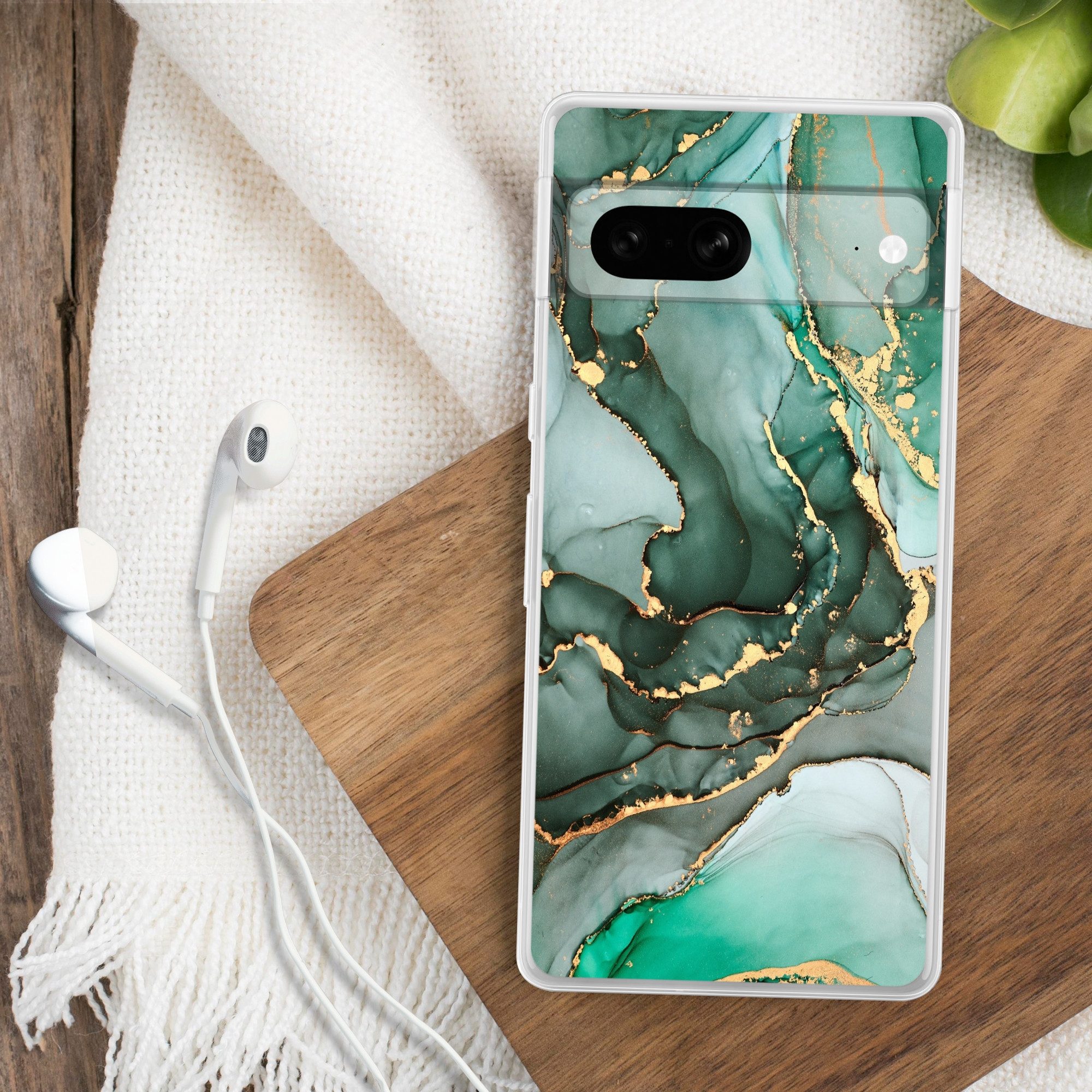 MuchoWow Handyhülle für Google Pixel 7 Gold - Marmor - Grün - Luxus - Marmoroptik - Grau, Phone Case, Silikon, Schutzhülle Dünn