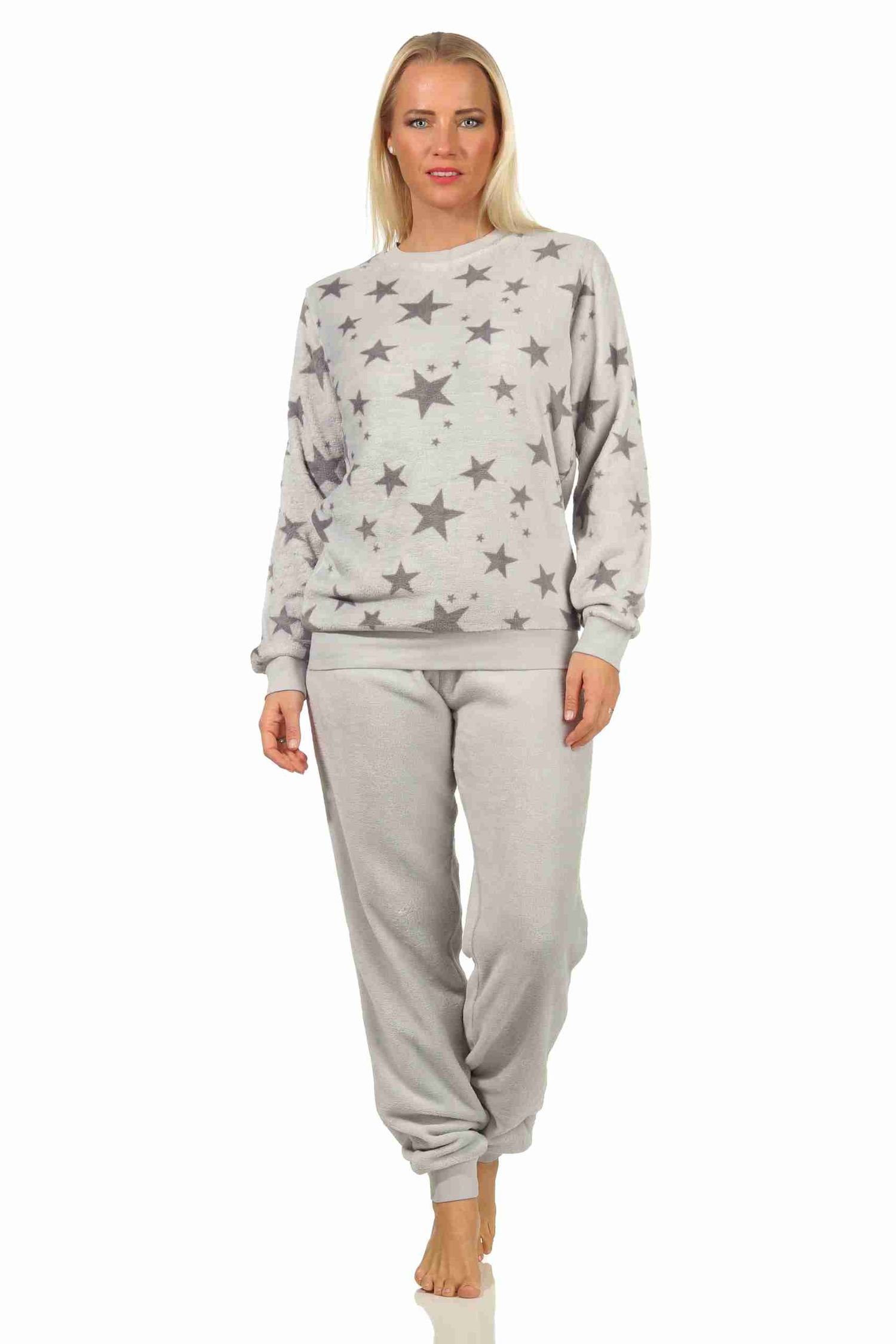 Normann Pyjama Damen und Coralfleece Pyjama grau mit Sternen langarm Motiv Bündchen als