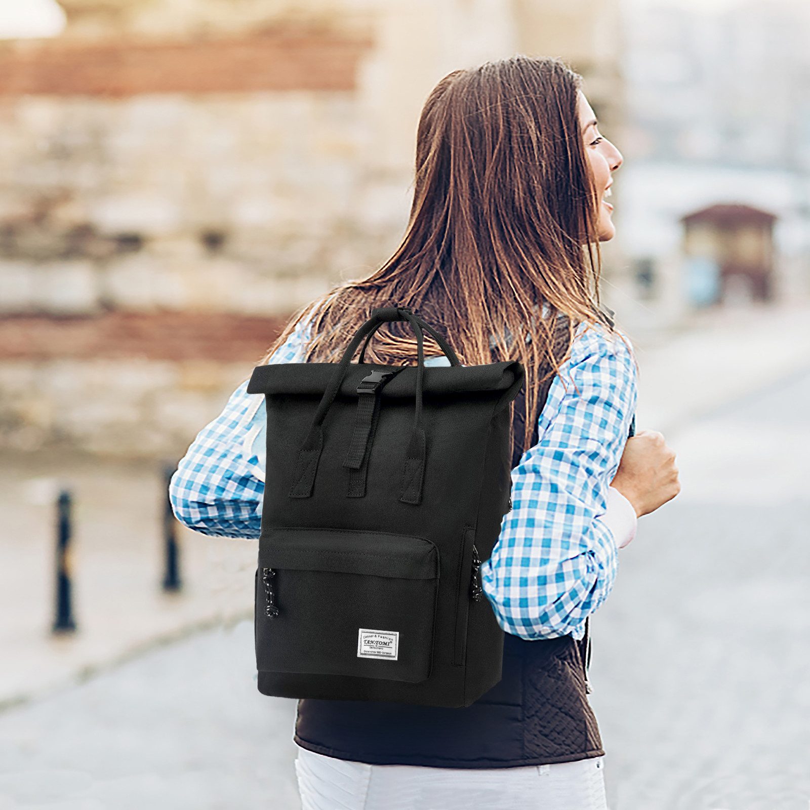 TAN.TOMI Cityrucksack Rucksack Damen Herren Tagesrucksack mit Laptopfach, Modern Rolltop Rucksack Daypack, Wasserabweisend