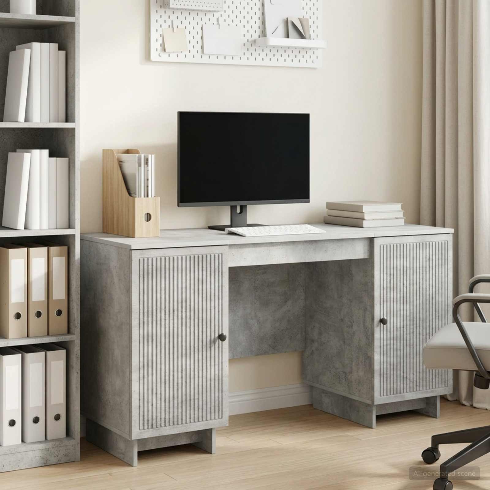 furnicato Schreibtisch 142,5 x 50 x 75 cm Betongrau (1-St), Arbeitstisch mit Brett-Regalen und Stauraum für dein Home Office