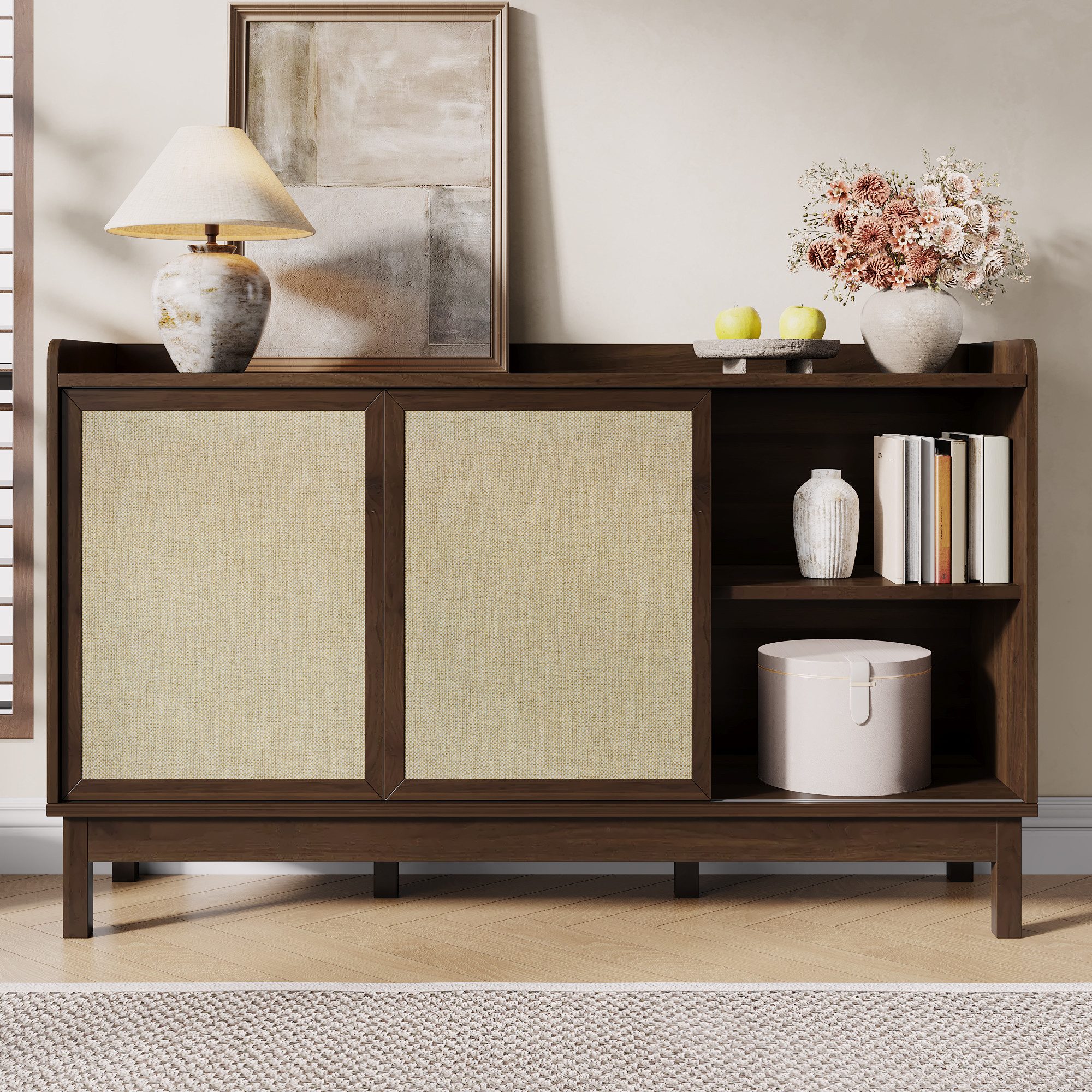 Merax Sideboard Retro Anrichte Wohnzimmerschrank Buffetschrank (1 St., Aufbewahrungsmöbel für Wohn- und Esszimmer), Kommode mit Schiebetüren, 2 Schubladen & offenen Regalen,150x39,5x80cm
