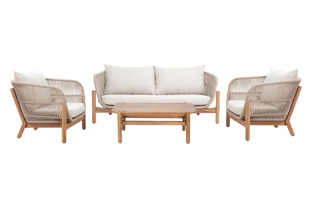 riess-ambiente Loungeset ROPE natur/beige – Akazie, Outdoor-Stoff, wetterfest, inkl. Sitzkissen, (Set, 4-tlg., Sofa, Tisch, 2x Sessel), Boho Gartenmöbel für Terrasse & Balkon - aus Massivholz & Aluminium