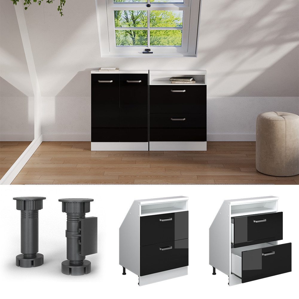 Vicco Unterschrank R-Line, Schwarz Hochglanz/Weiß, 60 cm mit 2 Schubladen (1-St)