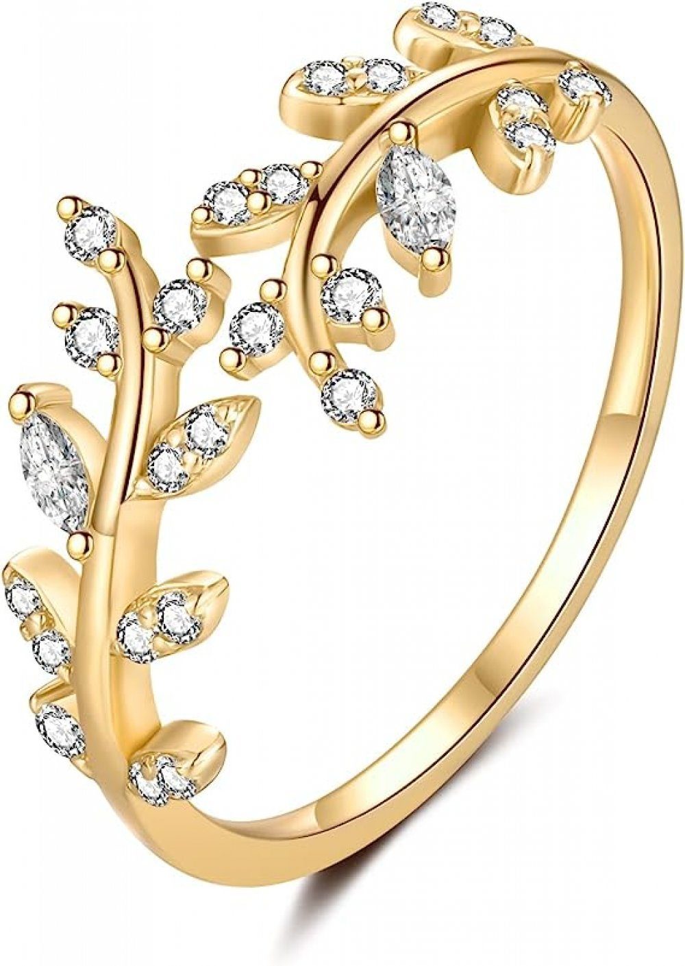 WaKuKa Damenring Zweigen Offener Diamantring und mit Blättern aus Sterlingsilber golden 925er