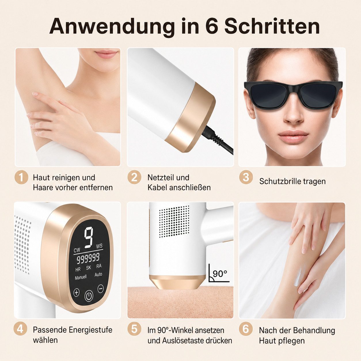 Tekoo HPL-Haarentferner IPL-Haarentferner mit 990.000 Lichtimpulsen für Zuhause, IPL-Haarentfernungsgerät mit Netzadapter und Schutzbrille, 990.000 Lichtimpulse, 0,3 cm² Fenster, 510–1200 nm