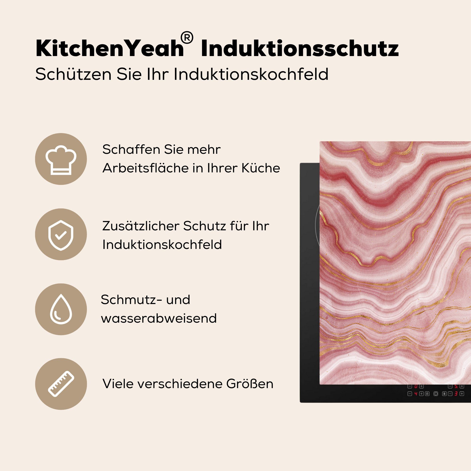 Golden, Ceranfeldabdeckung, Rot Marmor - Herdblende-/Abdeckplatte MuchoWow (1 Vinyl, tlg), Arbeitsplatte küche für - 78x78 cm,