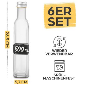 Praknu Trinkflasche 6 Glasflaschen Schraubverschluss 500ml, Schraubverschluss 500ml Eckig - 6 Etiketten mit Stift - Leere Flaschen