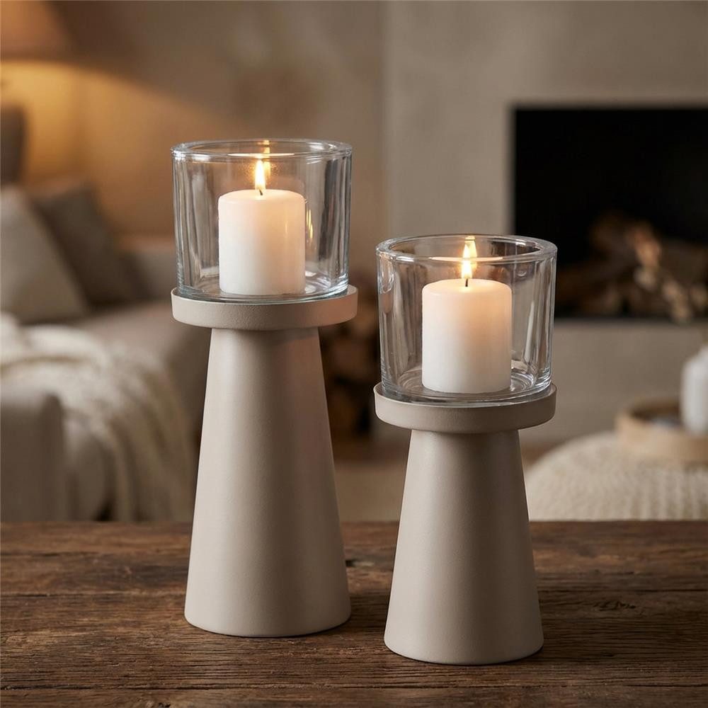 BOLTZE Windlicht Kerzenhalter Pius 2er Set Metall beige, zeitlos, pulverbeschichtet, mit Glaseinsatz, gemütliche Atmosphäre – Bild 2 von 5