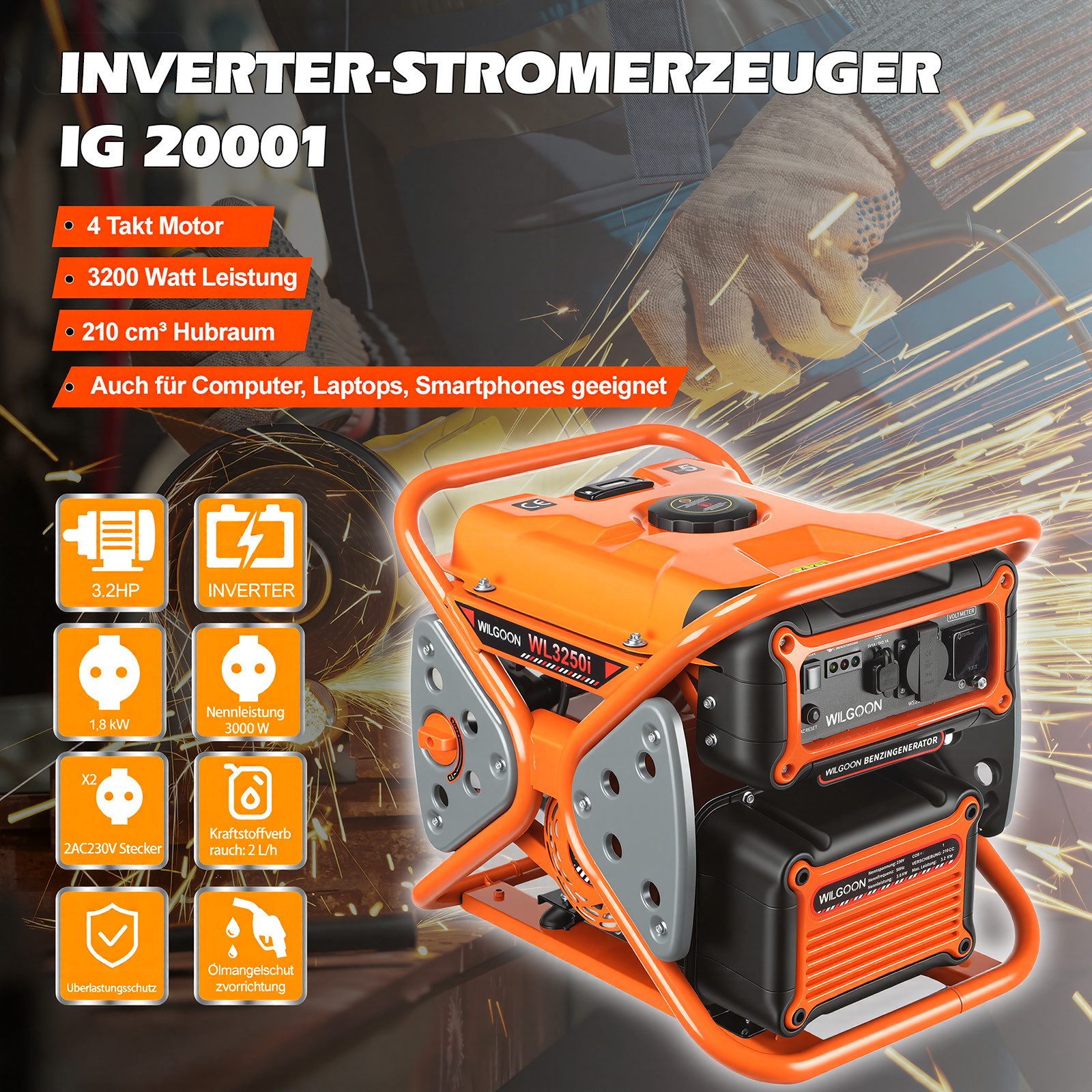 oyajia Stromerzeuger 4 Takt Leise Benzin Generator 7.0 HP MAX. Tragbarer Stromgenerator, 3,2 in kW, (max 3200W, 10L Tank, 3000W Dauerleistung, Überlastschutz, AVR-Funktion), Benzin Generator 230V Steckdose für Camping und Wohnmobile 28kg