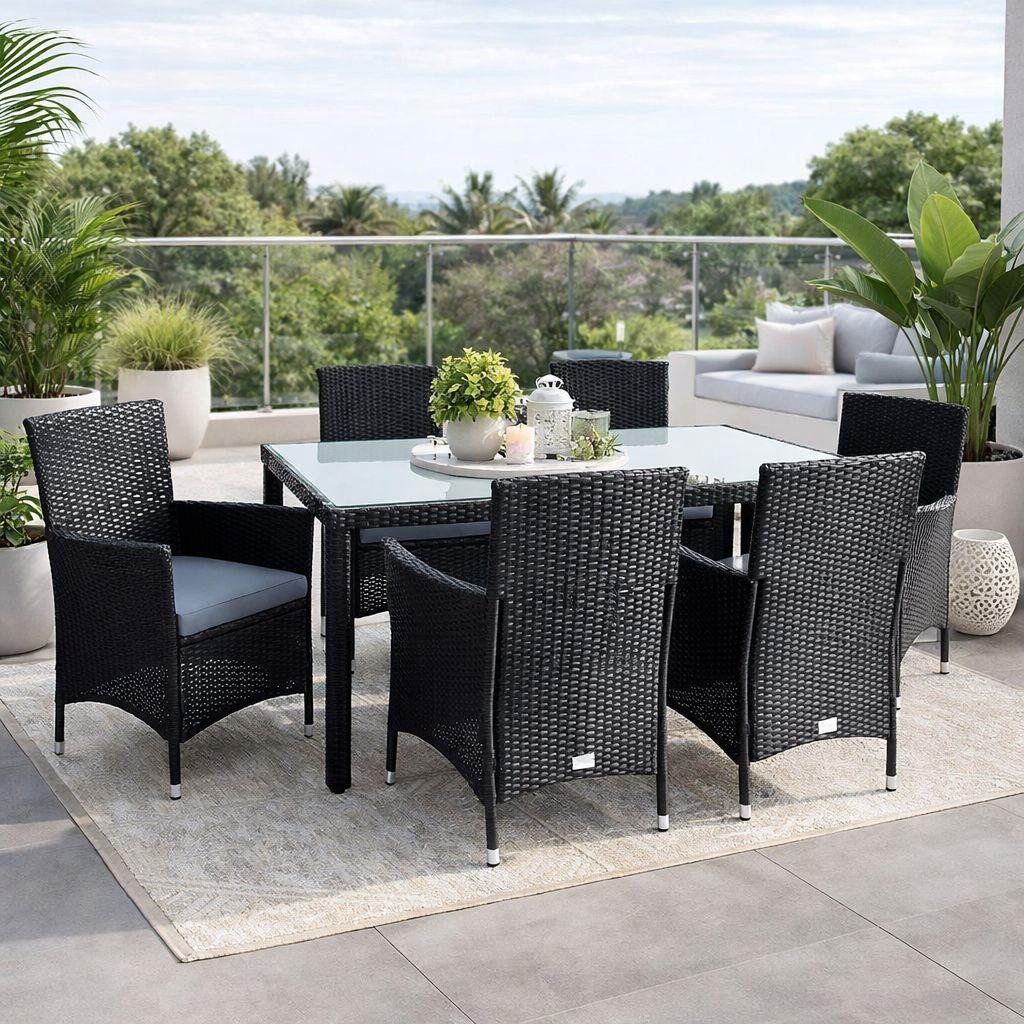 ESTEXO Sitzgruppe Poly-Rattan Essgruppe Gartenmöbel Set 6 Personen Gartenset Schwarz