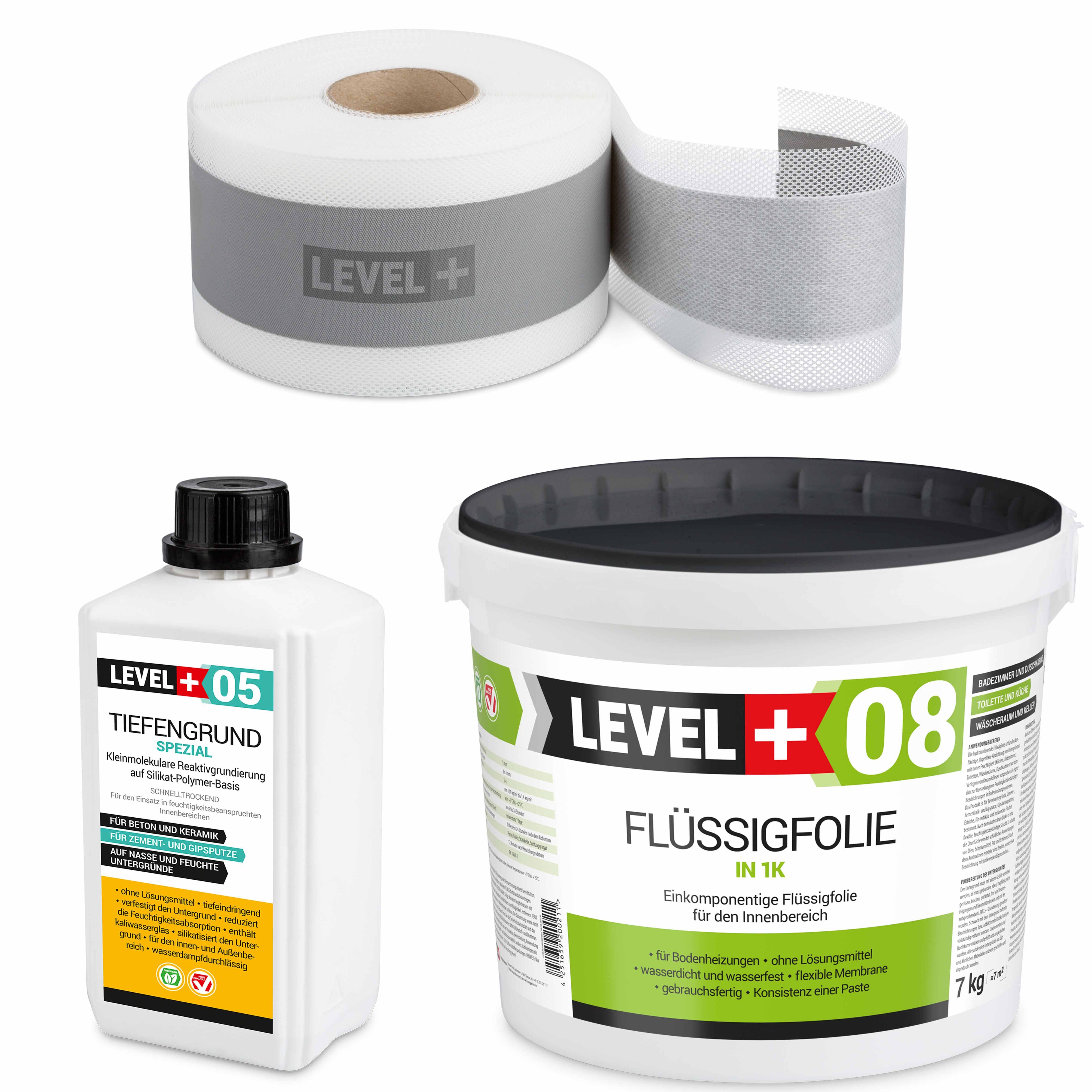 Level+ Dichtstoff Dichtset für Duschabdichtung Bad Dichtband Flüssigfolie 7kg SET03