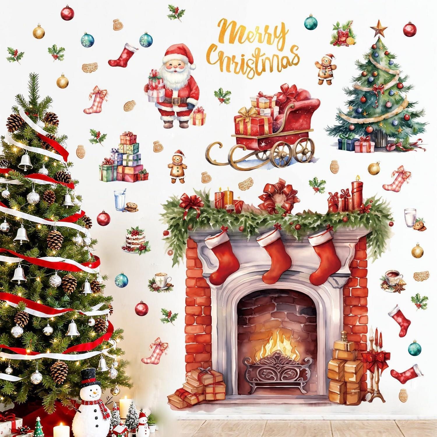 LuxusKollektion Fensterdekoration Wandtattoo Kamin Weihnachtsmann Fensterdeko PVC 90x60cm