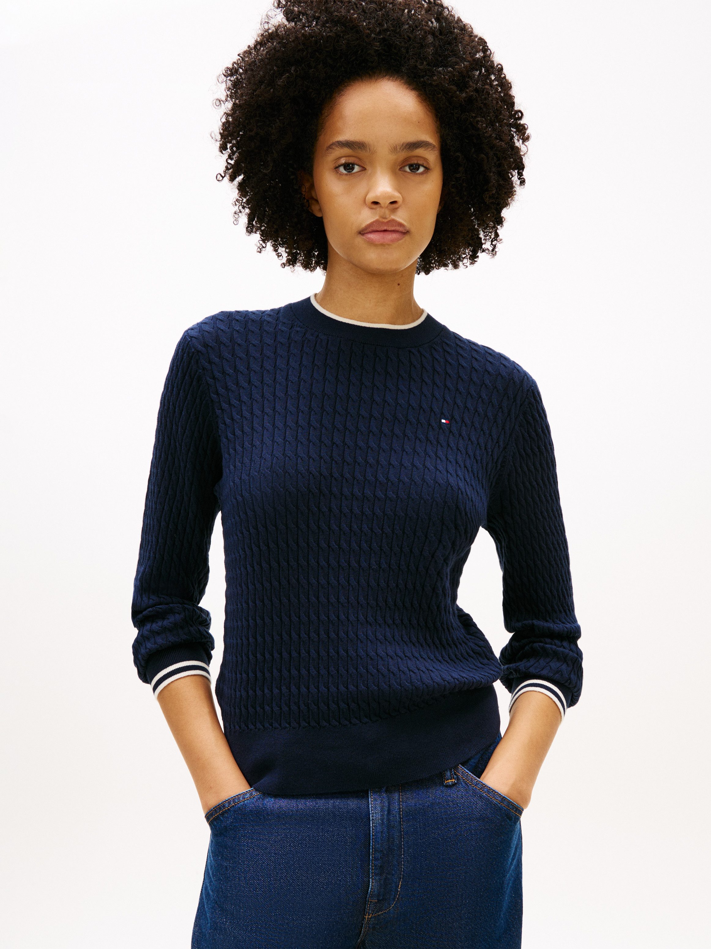 Tommy Hilfiger Rundhalspullover CO CABLE C-NK LS SWEATER Baumwolle, mit Zop günstig online kaufen