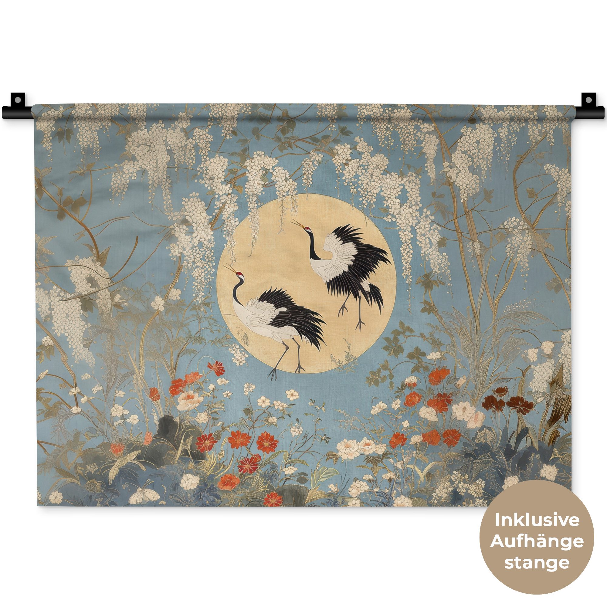 MuchoWow Wandteppich Kraniche - Mond - Blumen - Blau, Rechteckig, Höhe: 3 mm, Wanddeko Teppich Wohnzimmer, Schlafzimmer, 60x45 cm
