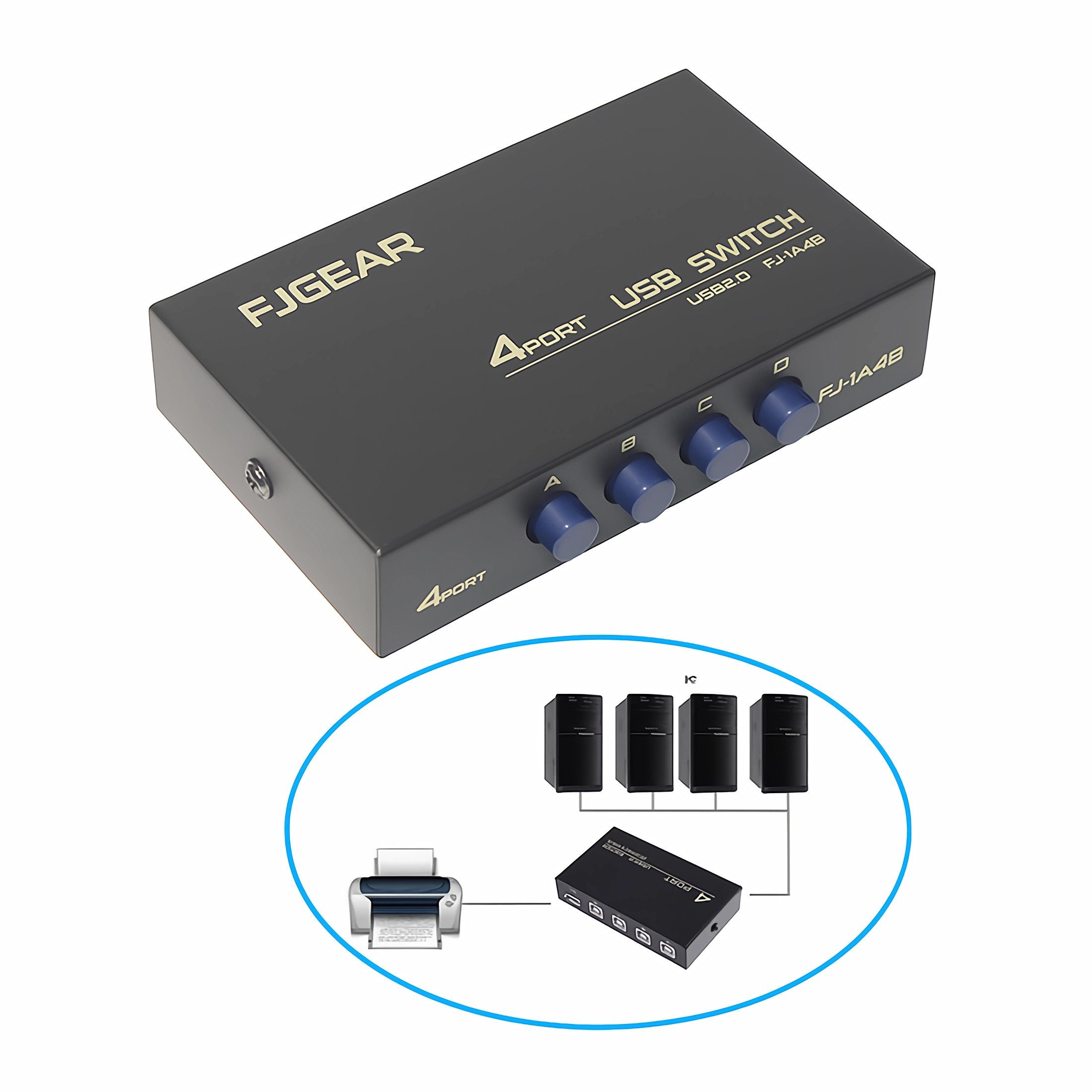 Bolwins E06 USB 2.0 Switch 4 In 1 Out Umschalter für Drucker Scanner USB-Stick USB-Adapter