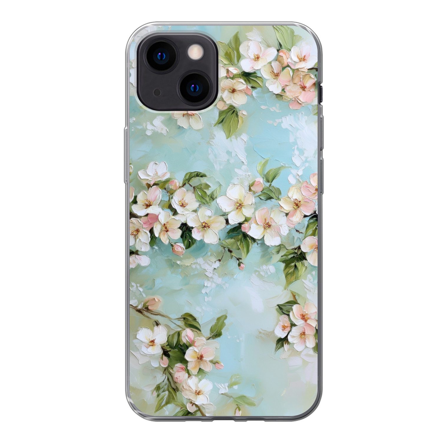 MuchoWow Handyhülle für Apple iPhone 13 mini Blüte - Blätter - Hellblau, Smartphone-Bumper, Print, Handy Schutzhülle Dünn