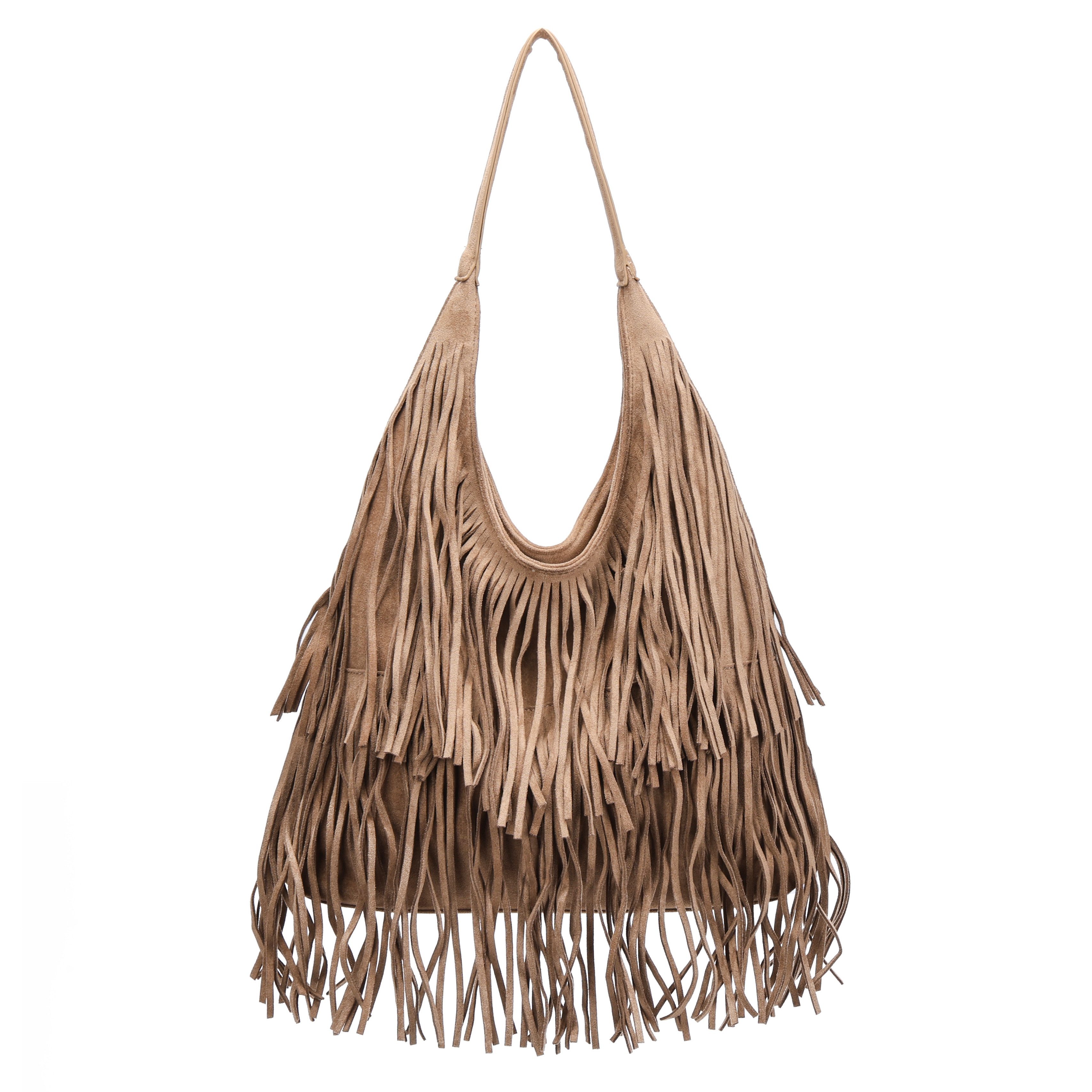 MIRROSI Shopper Damen Fransen Schultertasche Wildleder-Optik aus Polyester (Boho Hobo Bag mit Reißverschluss & Innenfach, ca. 39 x 12 x 33 cm), Neue Kollektion Herbst/Winter 2026