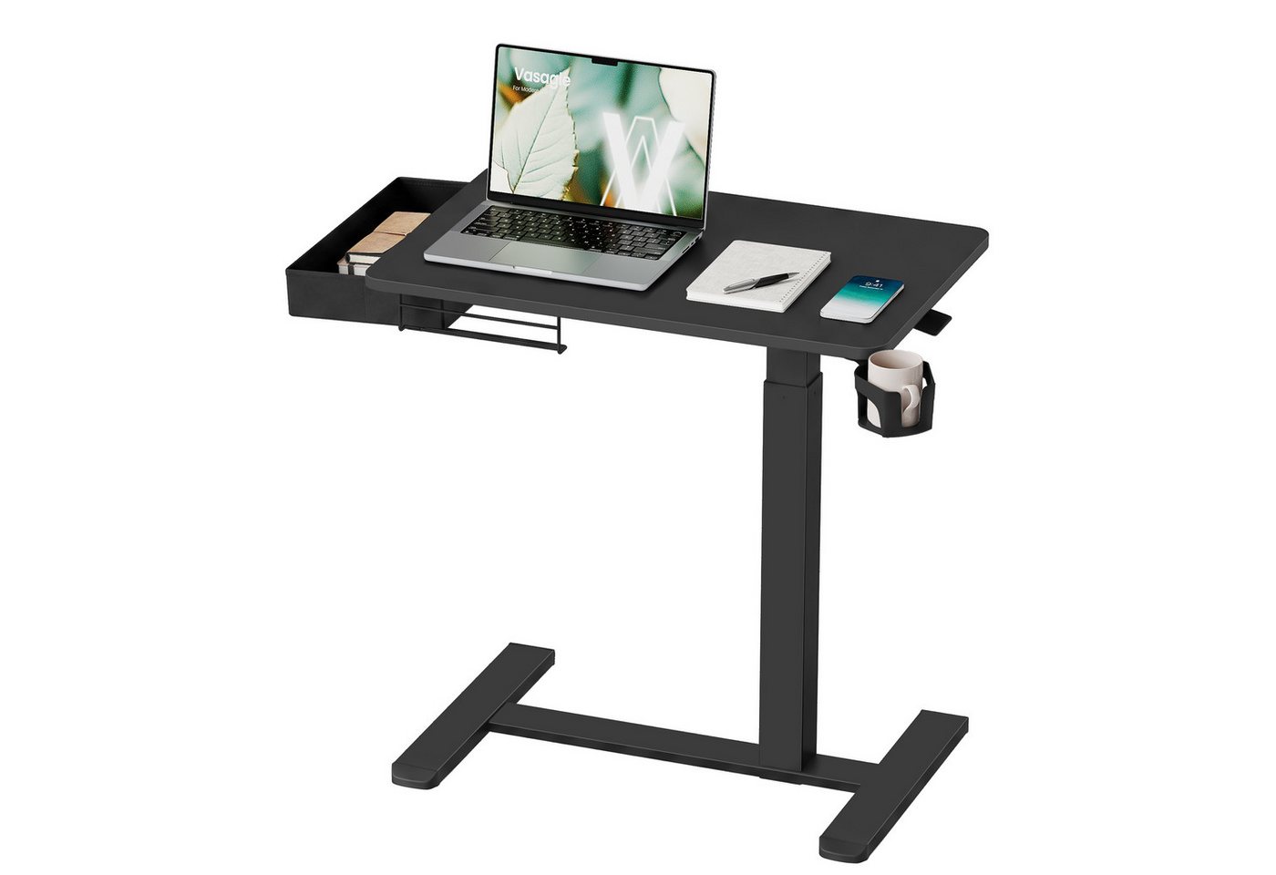 VASAGLE Schreibtisch Höhenverstellbarer Schreibtisch Laptoptisch mit Schublade und Rollen, 70 x 45 cm Für Schlafzimmer und Wohnzimmer mit Getränkehalter