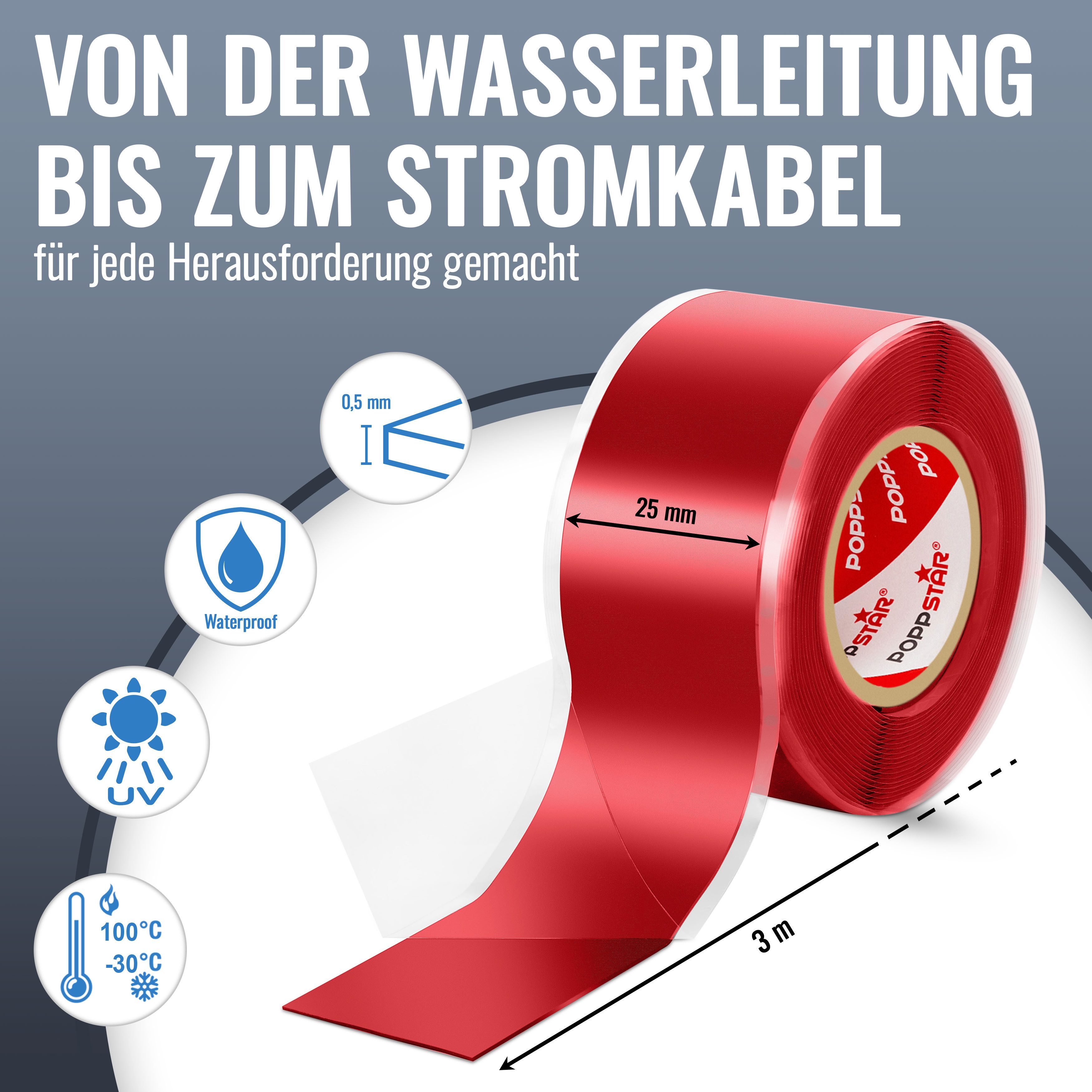 Poppstar Dichtband Selbstverschweißendes Silikonband (zum Reparieren, Isolieren und Abdichten, 1-St., (Strom, Wasser, Luft) zum Umwickeln von Rohren, Kabeln, Schläuchen uvm.
