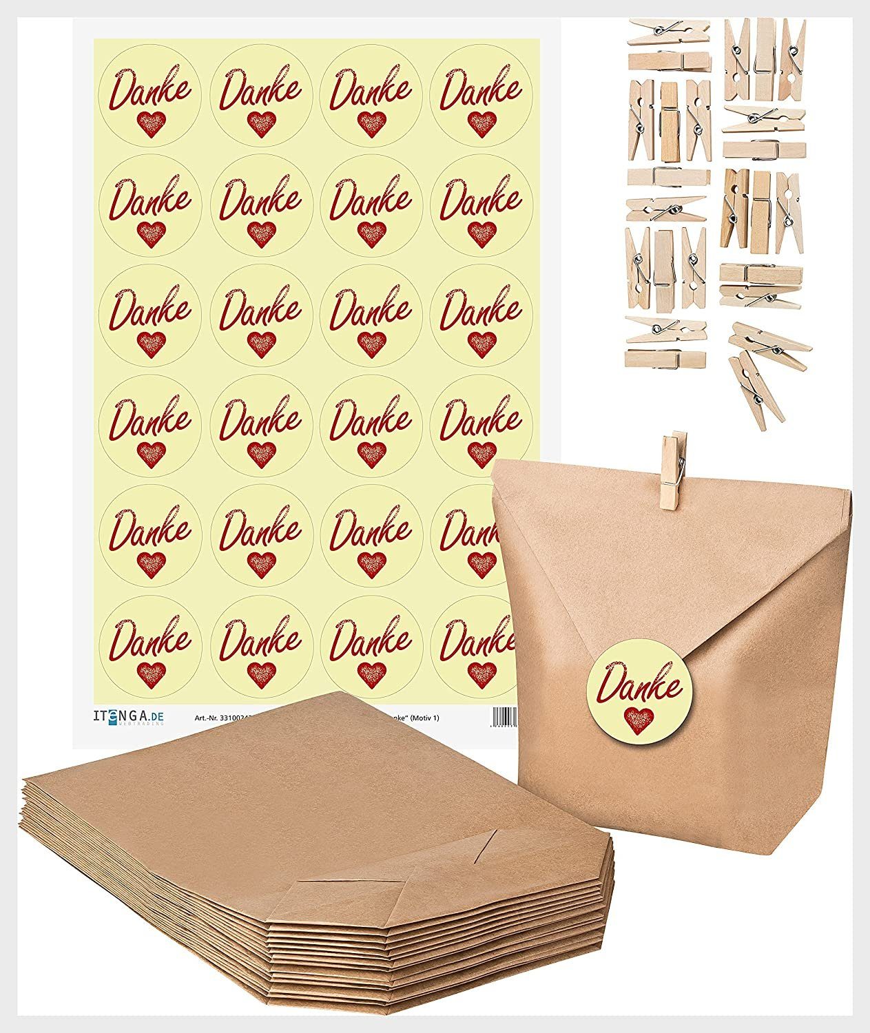 itenga Geschenkpapier SET DANKE (Motiv1) 24x Geschenktüten + 24x MiniKlammer + 24x Aufkleber