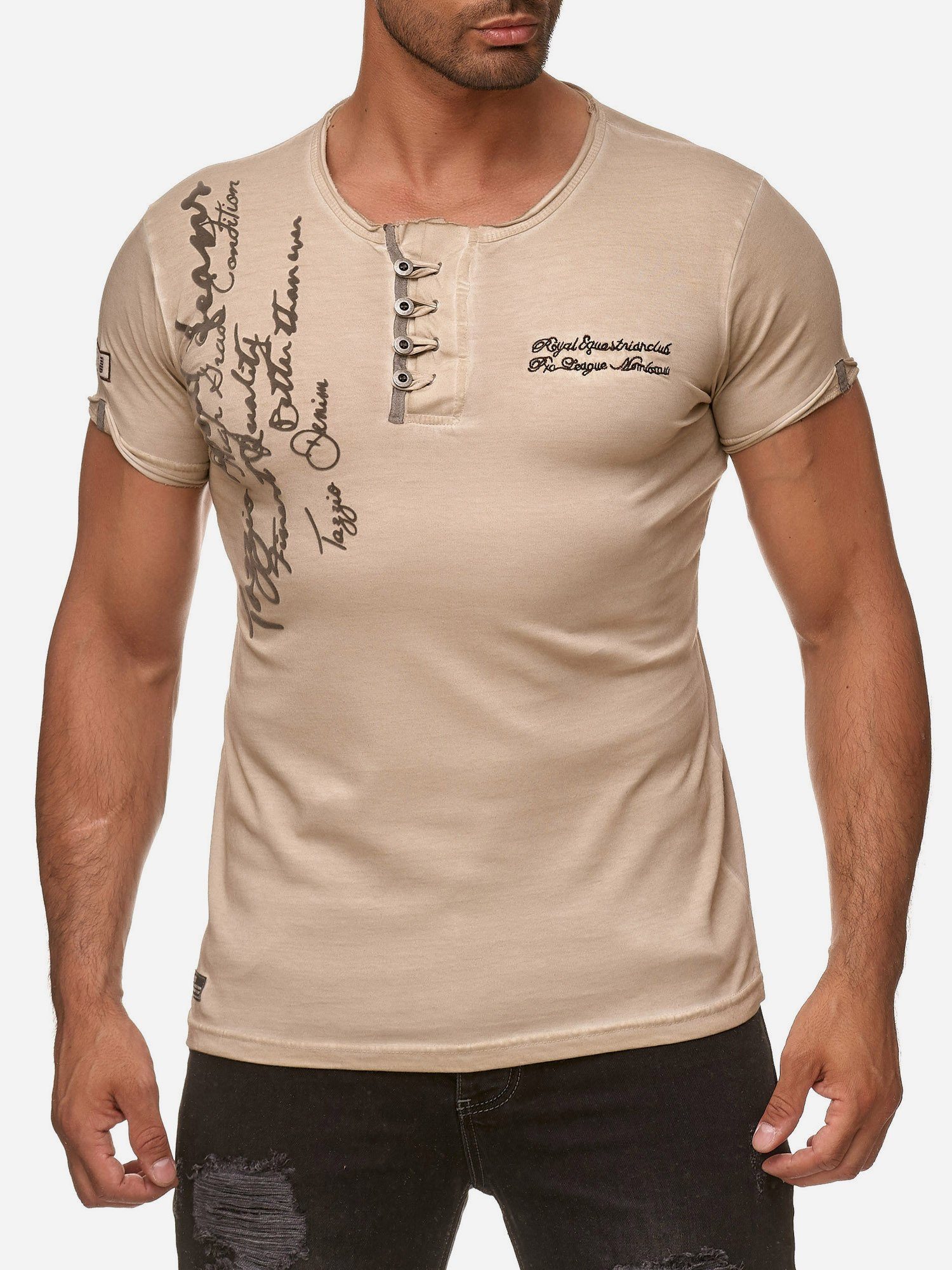 Tazzio T-Shirt 4050-1 Rundhalsshirt in Look Kragen Used beige offenem dezentem Ölwaschung und mit