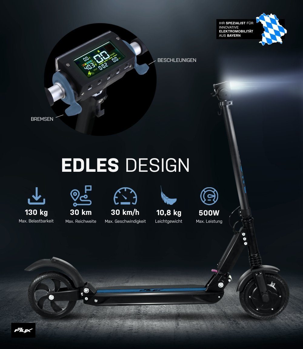 eFlux E-Scooter Lite One Elektro ABE, Tempomat Scooter W, 500,00 - Lithium-Ionen Akku - 30 Roller km/h, Reichweite 30,00 klappbar, tlg), (1 km Schwarz/Blau - kein bis