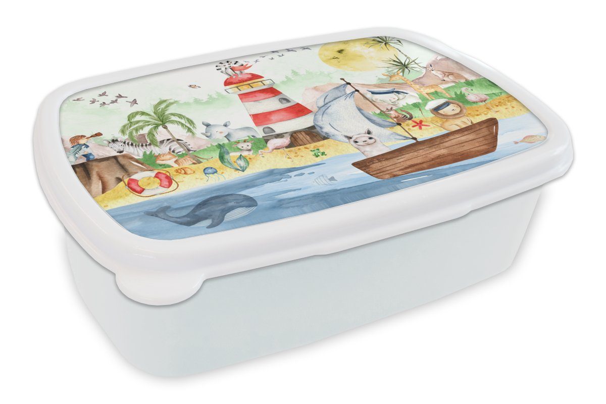MuchoWow Lunchbox Strand - Tiere - Kinder - Leuchtturm - Jungen, Kunststoff, (2-tlg), Brotbox für Kinder und Erwachsene, Brotdose, für Jungs und Mädchen weiß