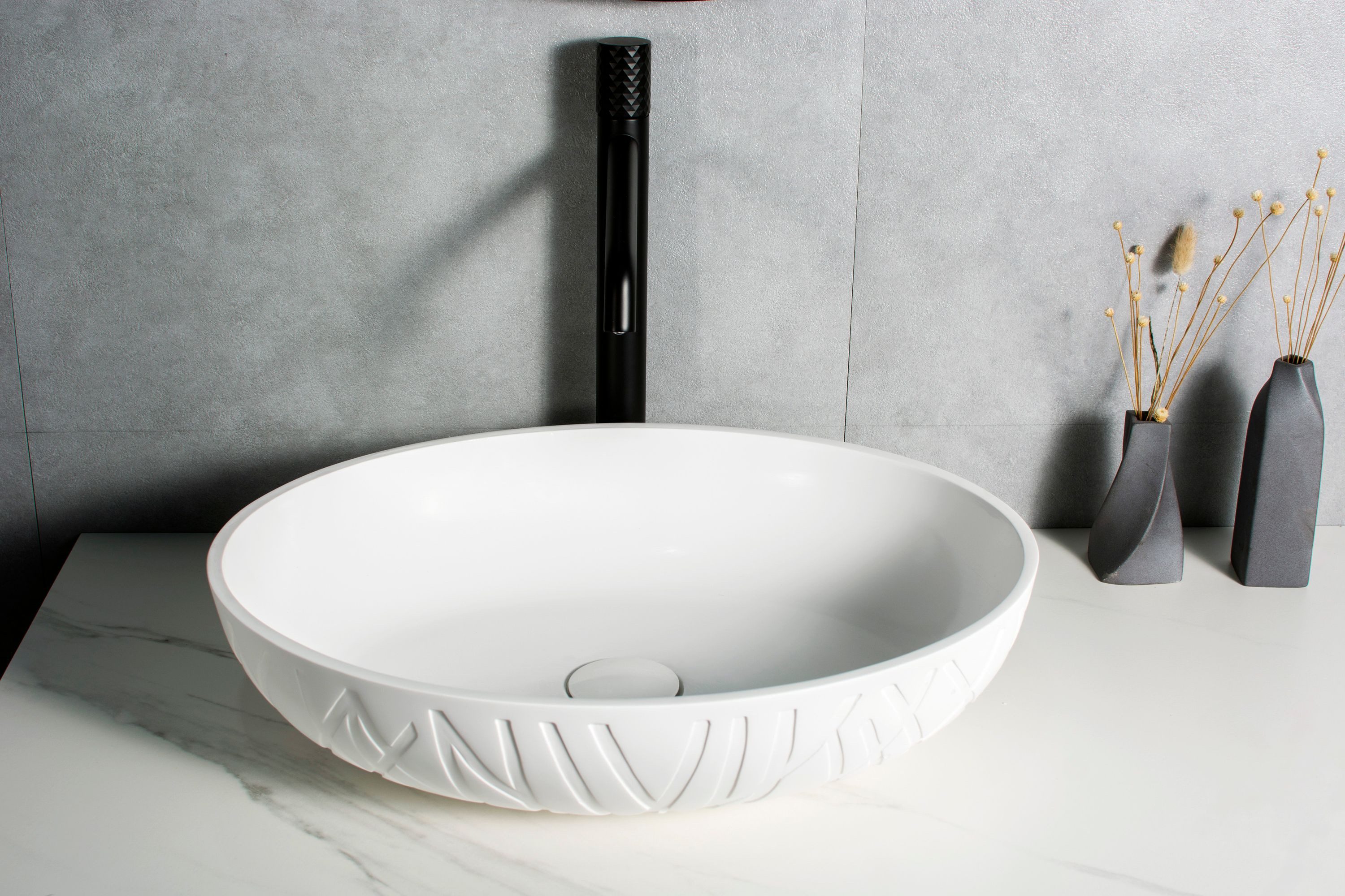 Bernstein Aufsatzwaschbecken LEO 50cm Weiß matt, Aufsatzwaschbecken oval Musterung strukturiert inkl Pop-up