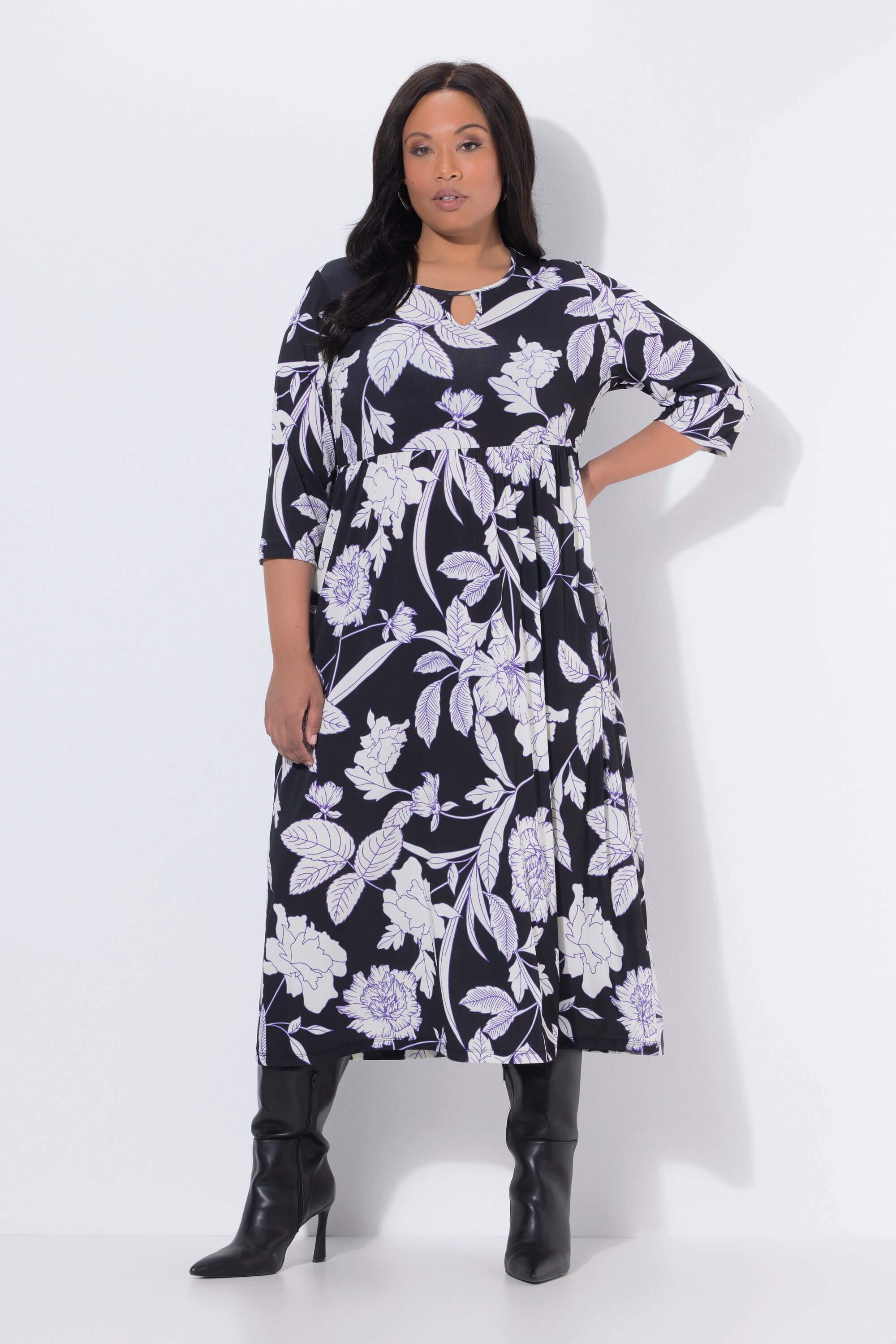 Ulla Popken Maxikleid Maxikleid Blüten A-Linie Rundhals 3/4-Arm günstig online kaufen