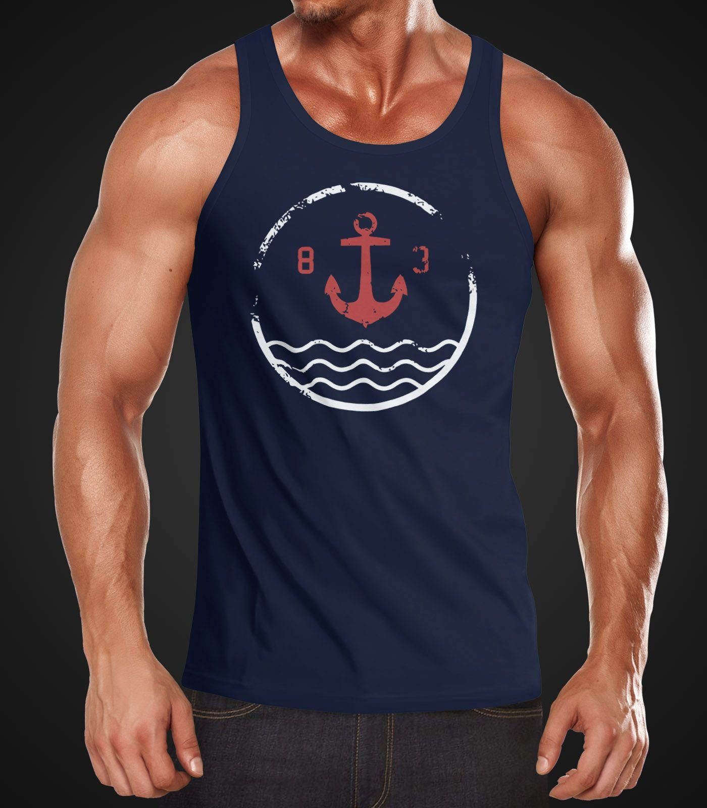 Vintage Wasser Tanktop mit navy Neverless® Herren Neverless Tank-Top Print Muscle Anker Muskelshirt Shirt